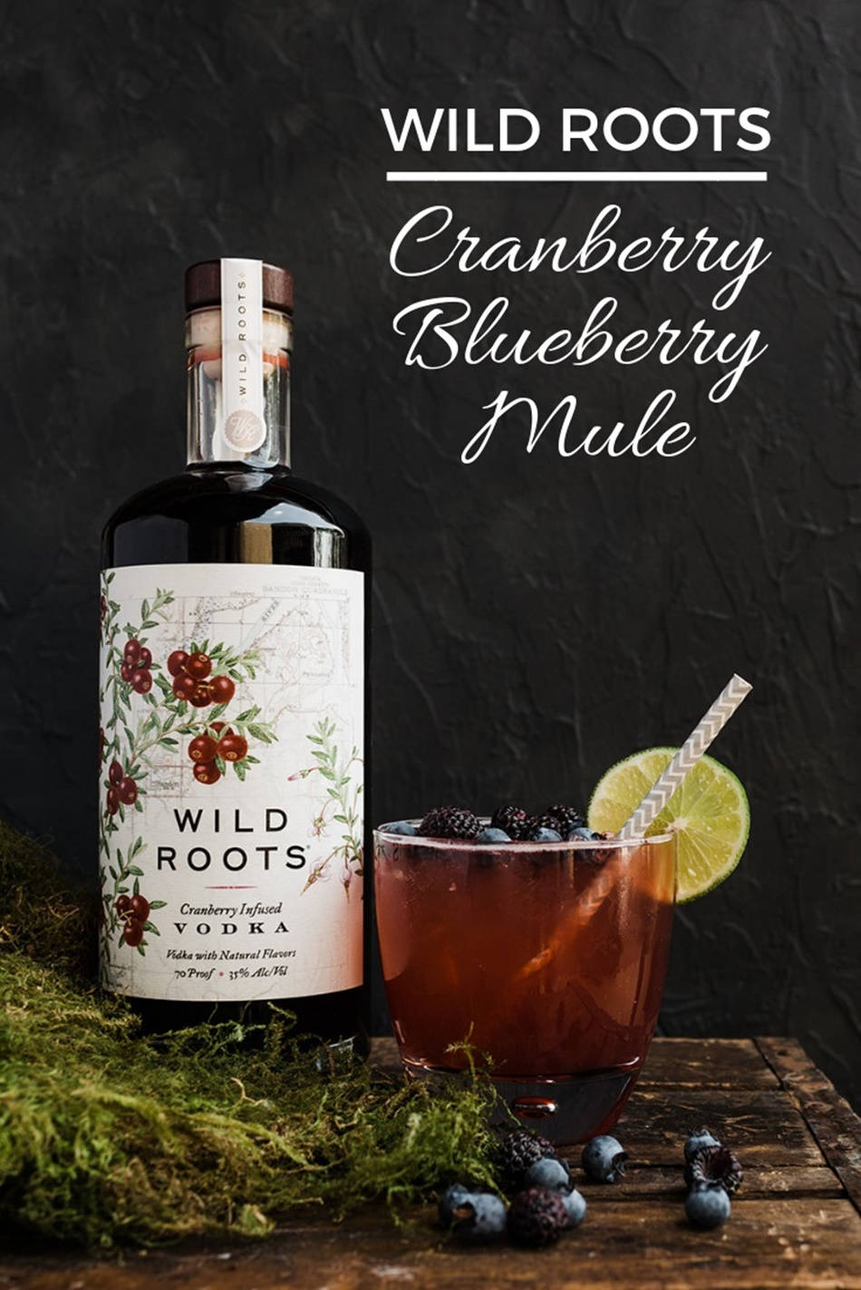 drinks 桌布 壁紙 — 一瓶Wild Roots蔓越莓藍莓伏特加放在一個充滿活力的雞尾酒旁邊，雞尾酒以萊姆和莓果裝飾，置於長滿苔蘚的木質表面上。