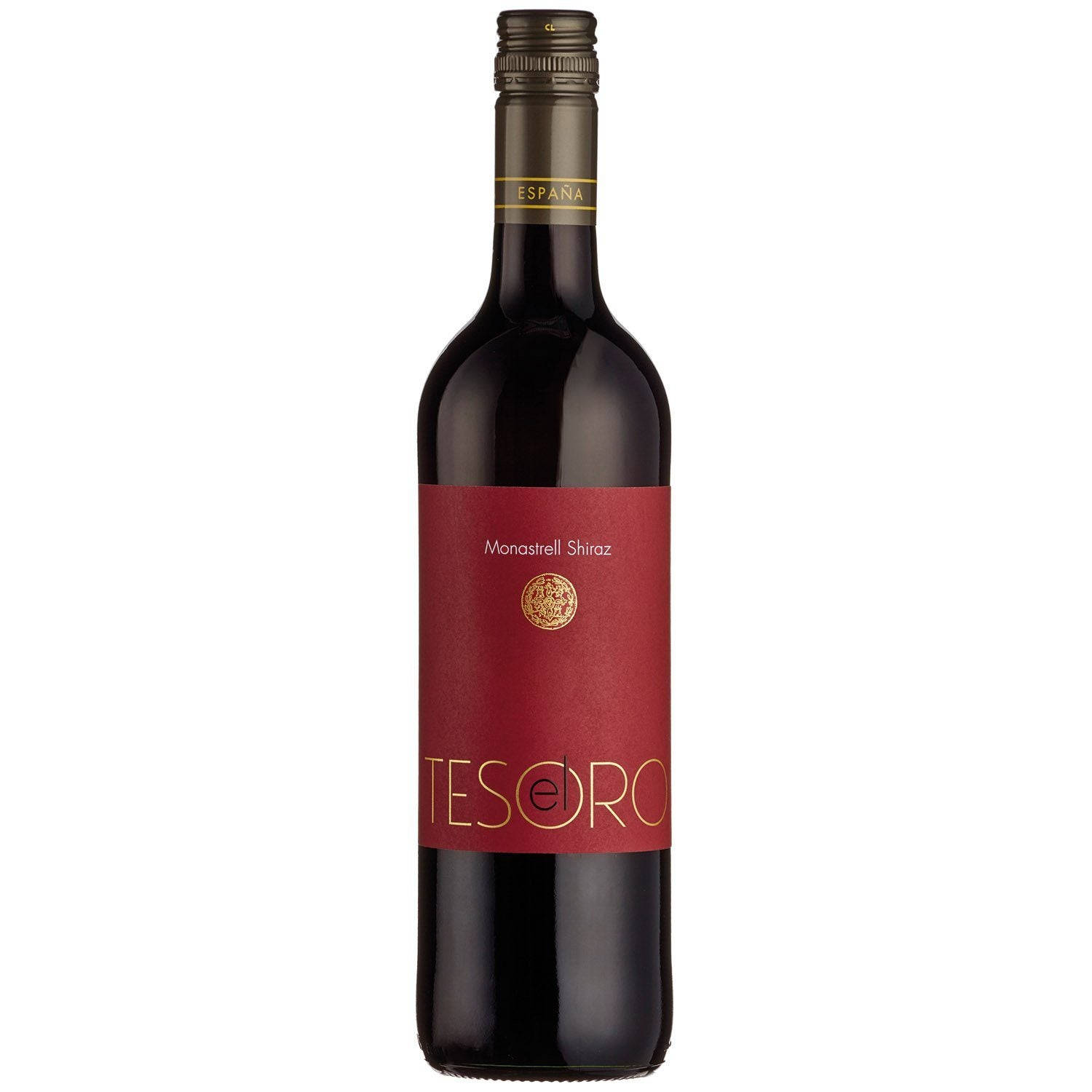 alcohol 桌布 壁紙 — 一瓶來自西班牙的Tesoro Monastrell Shiraz葡萄酒，線條流暢，置於純白背景前，帶有濃郁的紅色標籤和金色點綴。