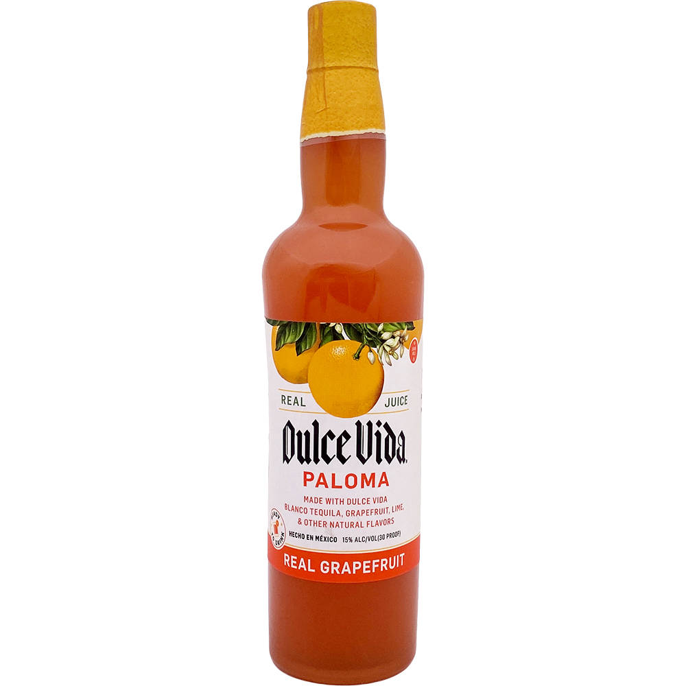 cocktail 桌布 壁紙 — 一瓶充滿活力的橙色Dulce Vida Paloma雞尾酒，帶有葡萄柚圖案和粗體字體，背景為純白色。