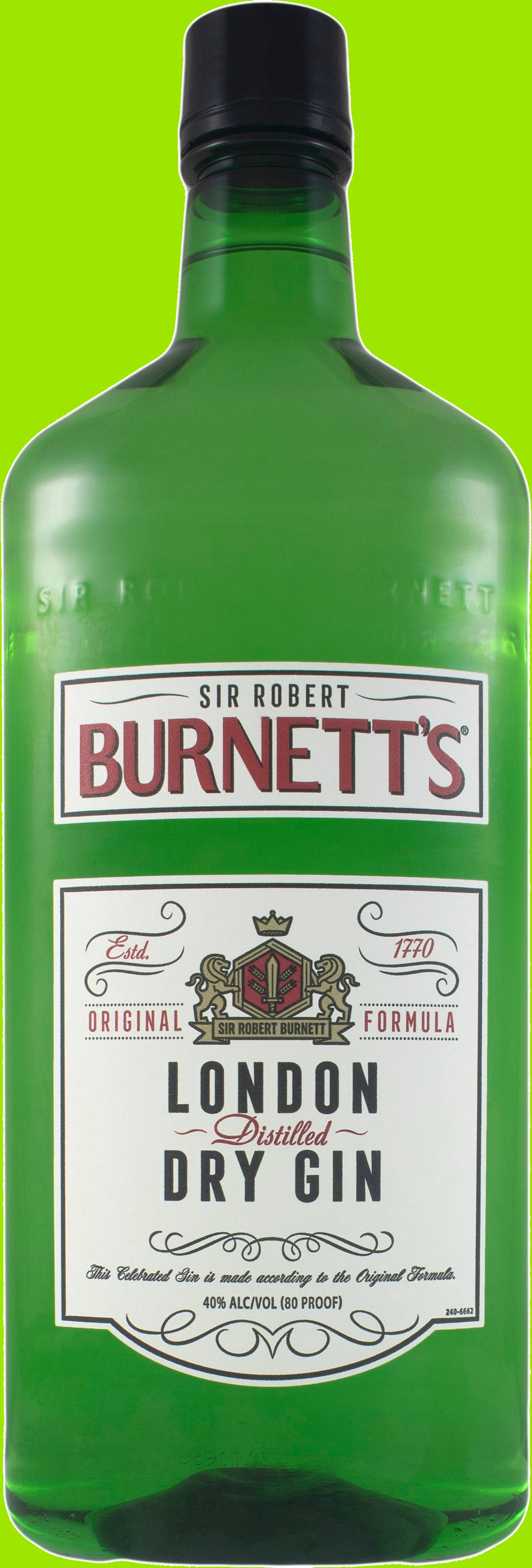 drinks 桌布 壁紙 — 一瓶充滿活力的綠色Sir Robert Burnett's London Dry Gin，矗立在明亮的萊姆綠色背景前。