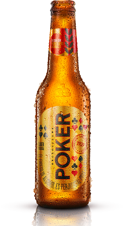 Beer 桌布 壁紙 — 一瓶冰涼琥珀色啤酒，帶有冷凝水滴和金色標籤，標籤上有撲克牌符號，放在潔白背景前。