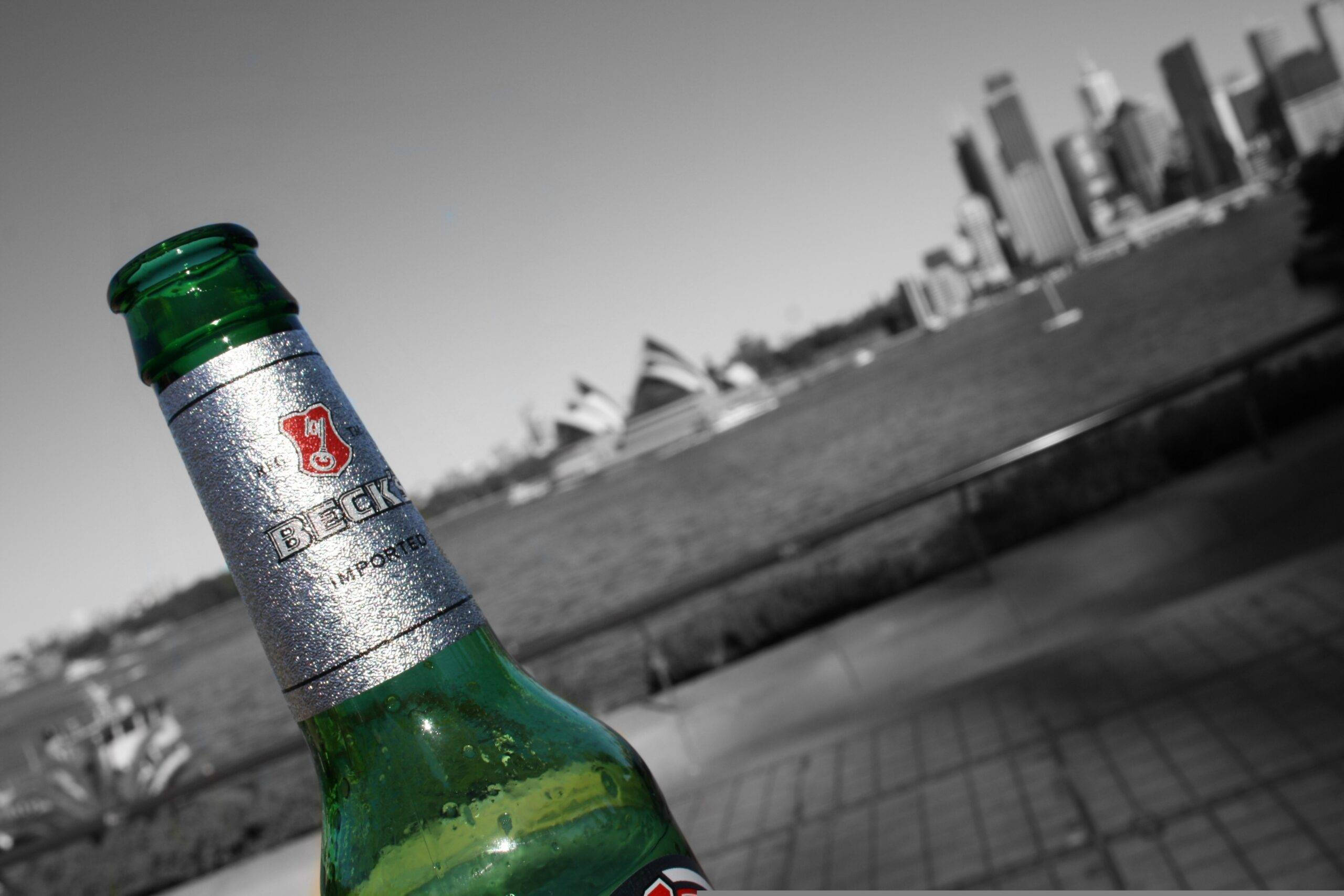 Beer 桌布 壁紙 — 一瓶冰涼的Beck's啤酒瓶在前景閃閃發光，雪梨歌劇院和天際線在背景中模糊成單色。