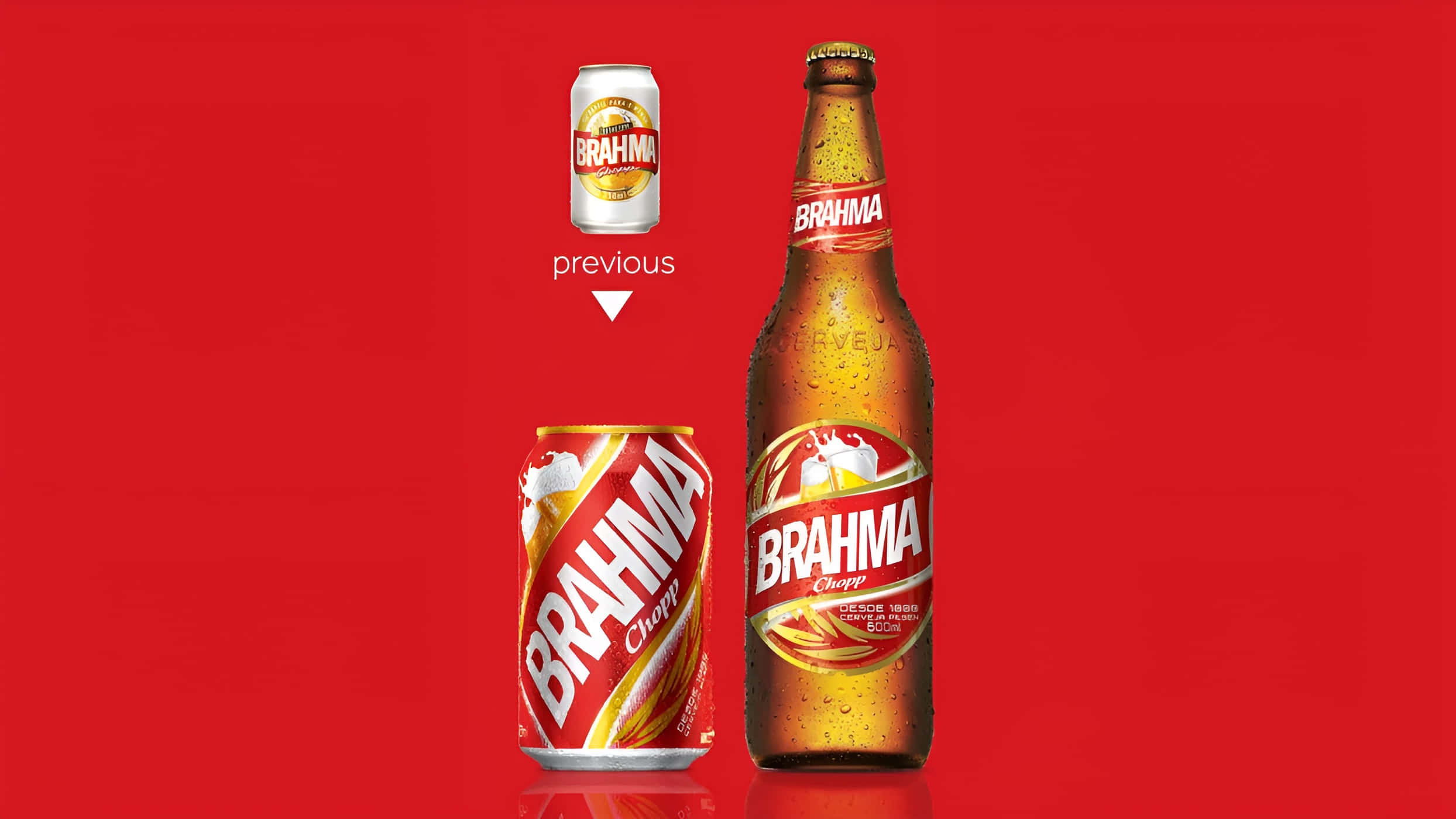 alcohol 桌布 壁紙 — 一瓶冰涼的Brahma啤酒瓶和罐頭，帶有水珠，放在鮮紅色背景上，上方有一個「上一步」箭頭。