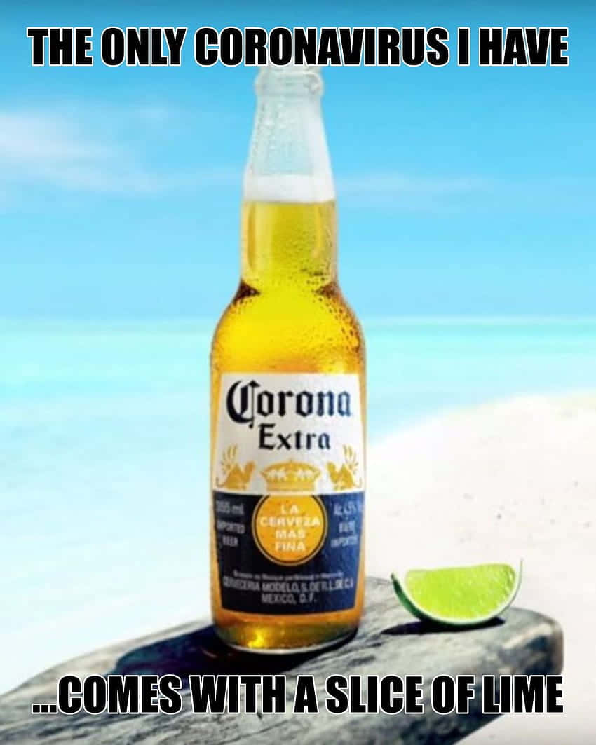 meme 桌布 壁紙 — 一瓶冰涼的Corona Extra啤酒瓶搭配一片萊姆角，放在陽光沙灘的石頭上，天空清澈湛藍。