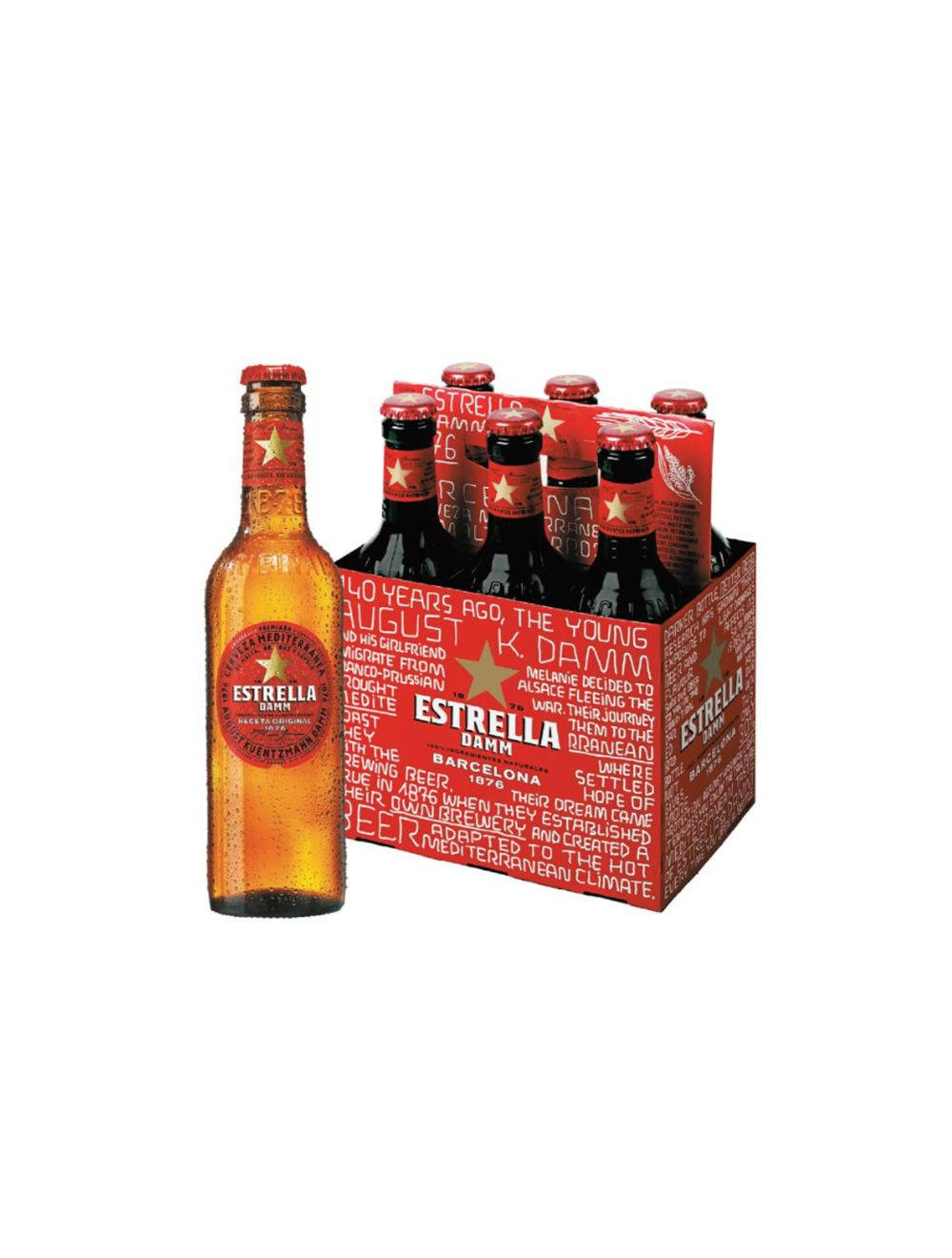 alcohol 桌布 壁紙 — 一瓶冰涼的Estrella Damm啤酒瓶放在其紅色六罐裝紙板提架旁，提架上印有品牌歷史文字。