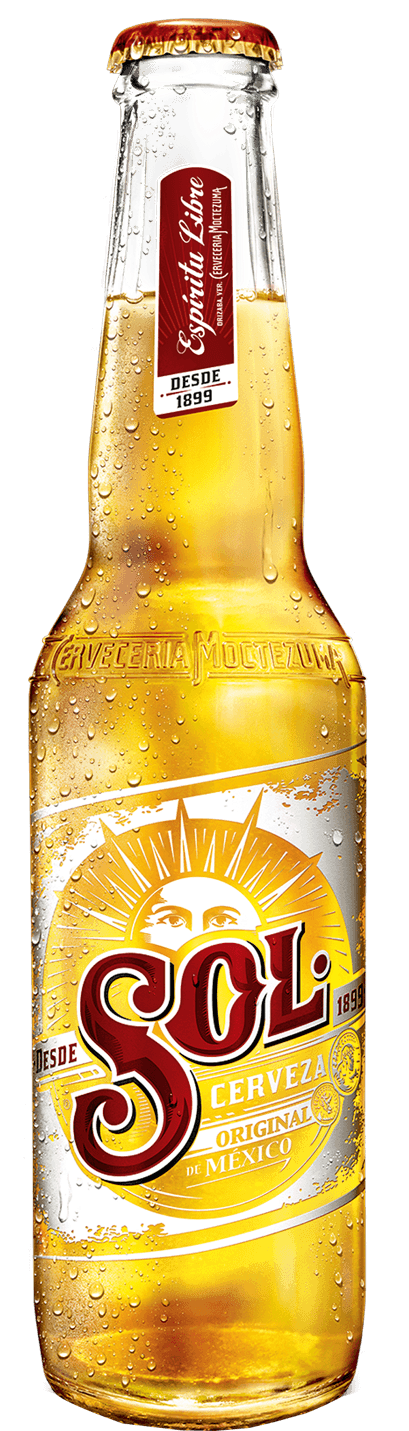 Beer Free 桌布 壁紙 — 一瓶冰涼的Sol啤酒在純白背景上閃爍著冷凝水珠。