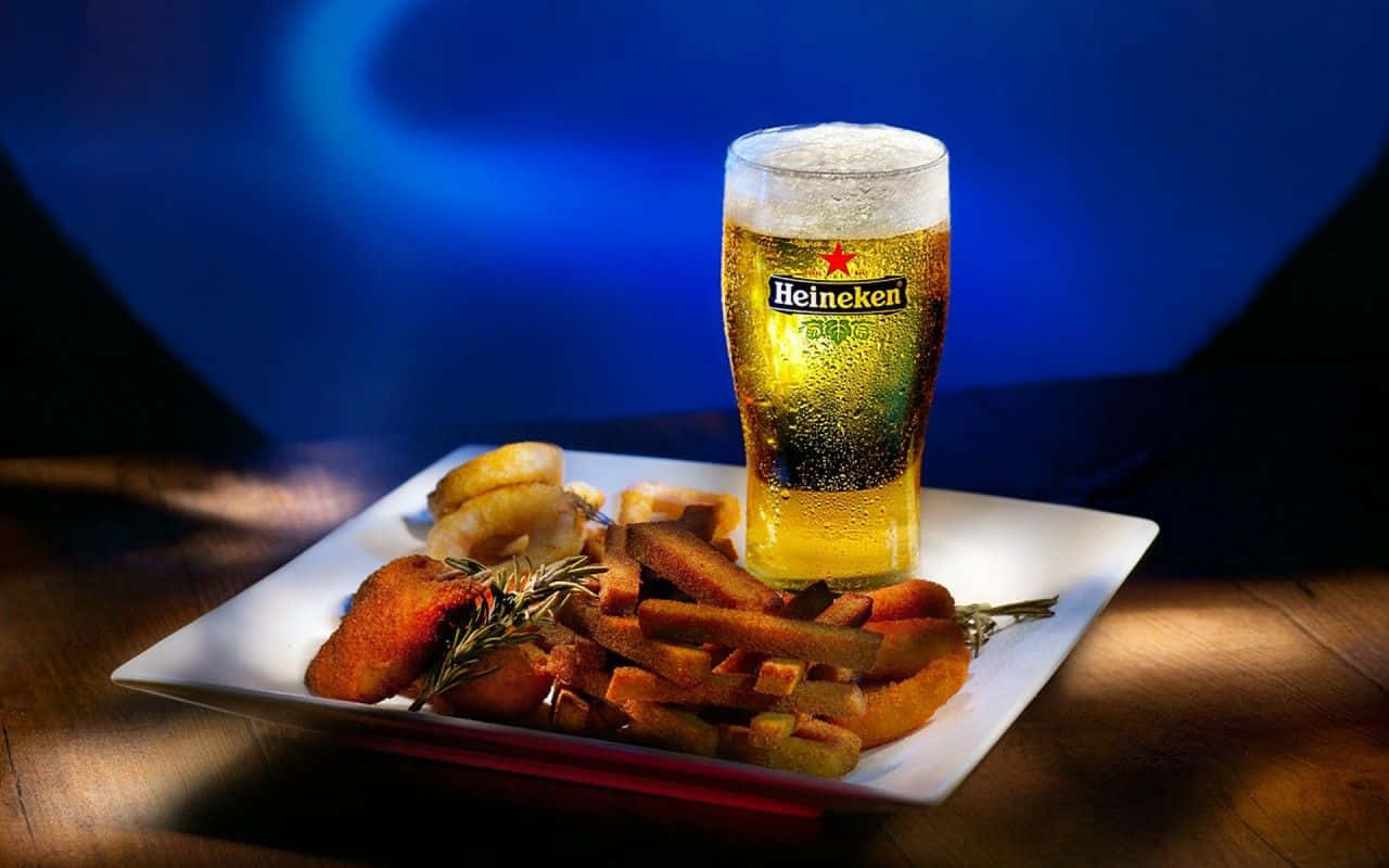 Heineken 桌布 壁紙 — 一瓶冰涼的喜力啤酒帶著冷凝水珠，放在白色盤子上，旁邊是酥脆薯條和炸物點心，在戲劇性的藍色燈光下。