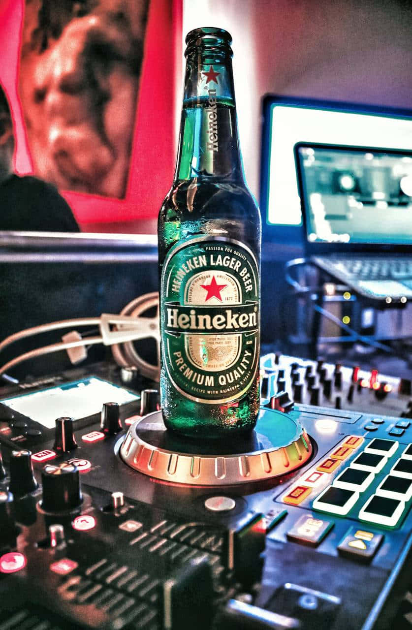 Heineken 桌布 壁紙 — 一瓶冰涼的海尼根啤酒瓶放在DJ控制器中央，控制器上有發光的按鈕和螢幕，在昏暗的錄音室中。