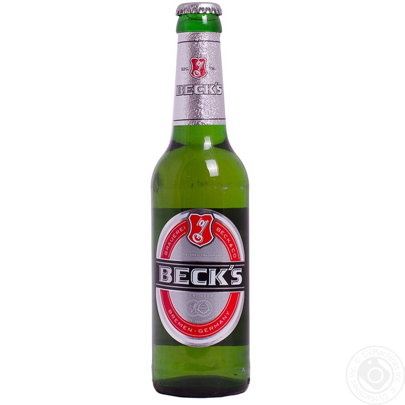 Beer 桌布 壁紙 — 一瓶冰涼的綠色Beck's啤酒瓶，帶有銀色和紅色標籤，立在潔淨的白色背景前。