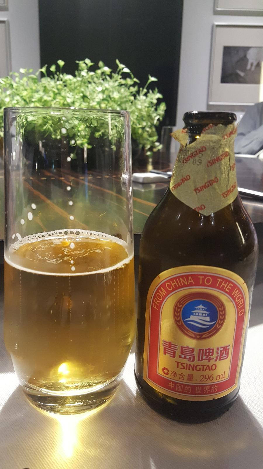 booze 桌布 壁紙 — 一瓶冰涼的青島啤酒和一個玻璃杯放在桌上，旁邊有一盆綠色盆栽，營造出舒適的室內環境。