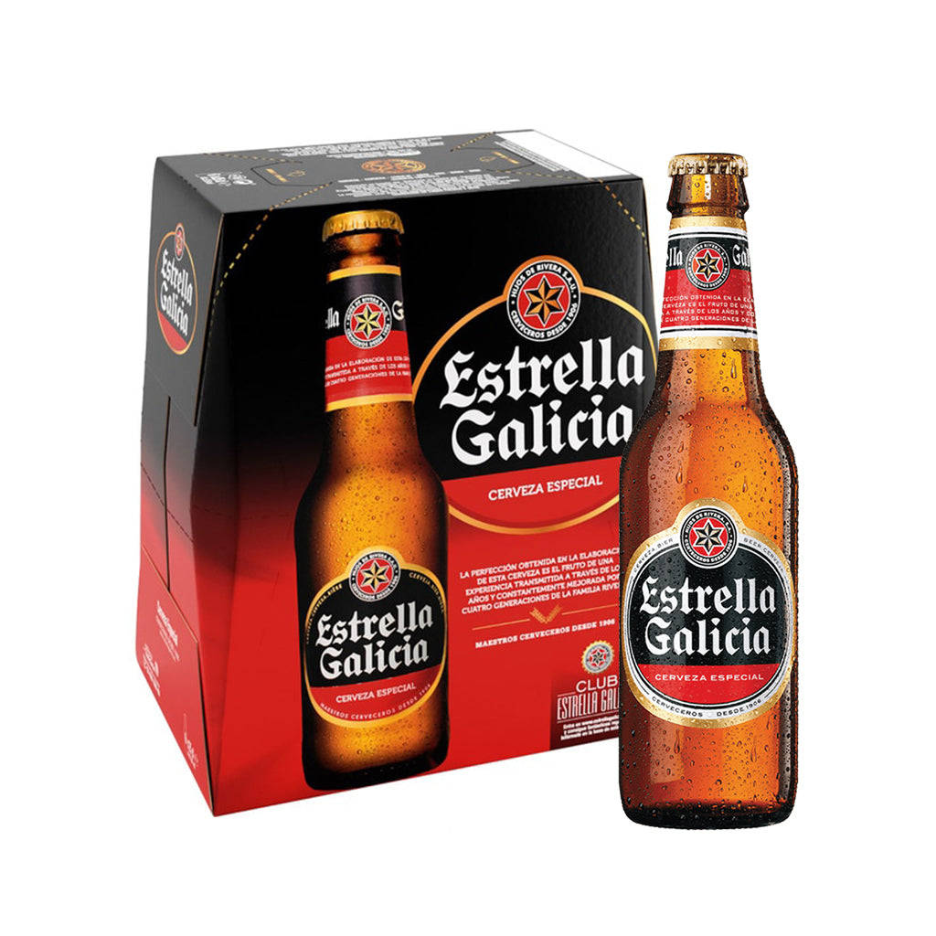 Beer 桌布 壁紙 — 一瓶冰鎮的Estrella Galicia啤酒瓶帶有水珠，旁邊是紅黑六罐裝盒，背景為白色。