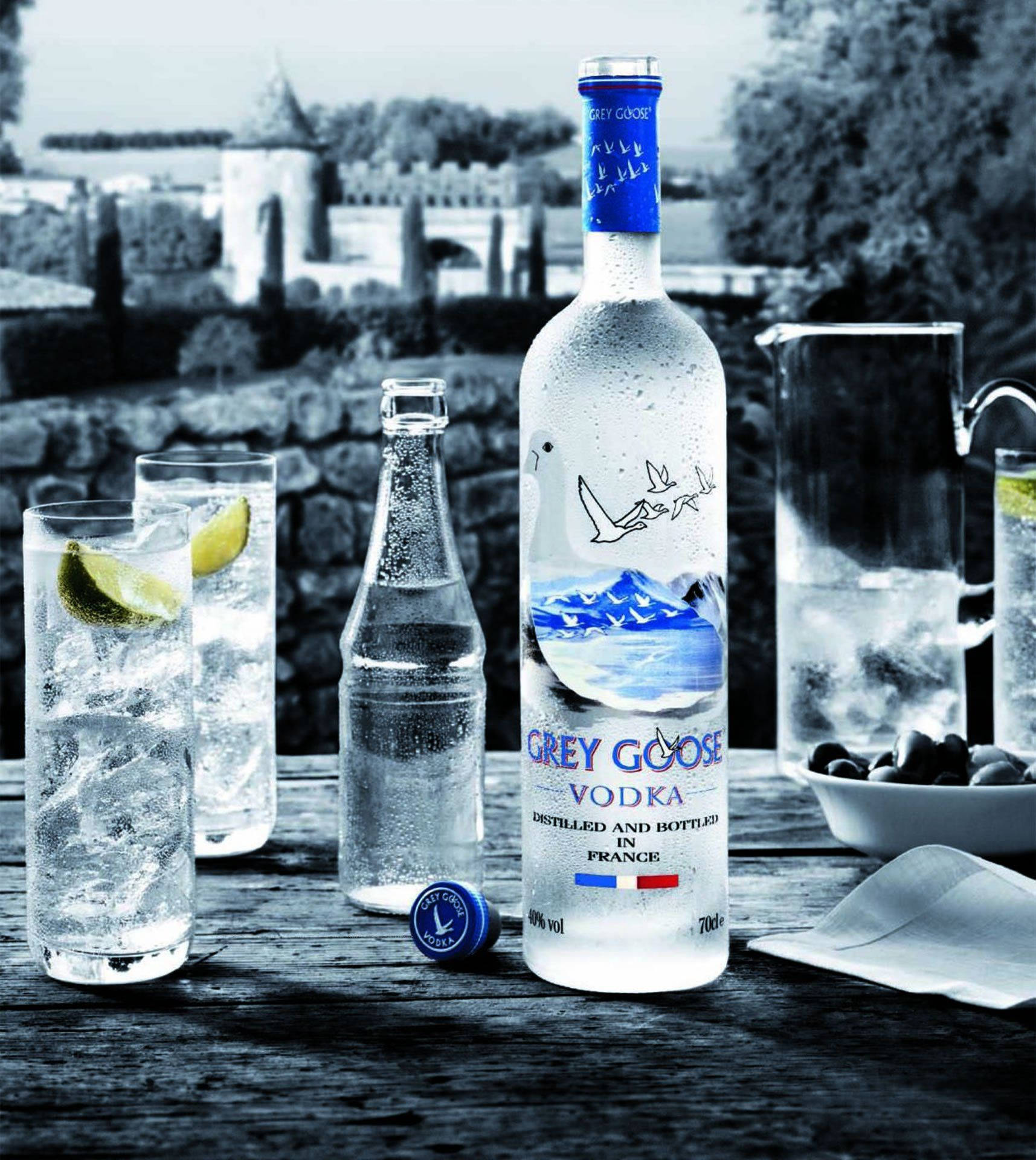 alcohol 桌布 壁紙 — 一瓶冰鎮的Grey Goose伏特加酒，搭配玻璃杯和橄欖，放在質樸的木桌上，背景是單色城堡。