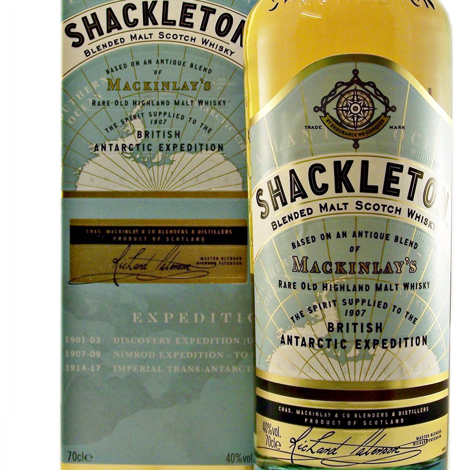 飲料 桌布 壁紙 — 一瓶及一盒 Shackleton 調和麥芽蘇格蘭威士忌，帶有復古南極探險品牌標識和金色點綴。
