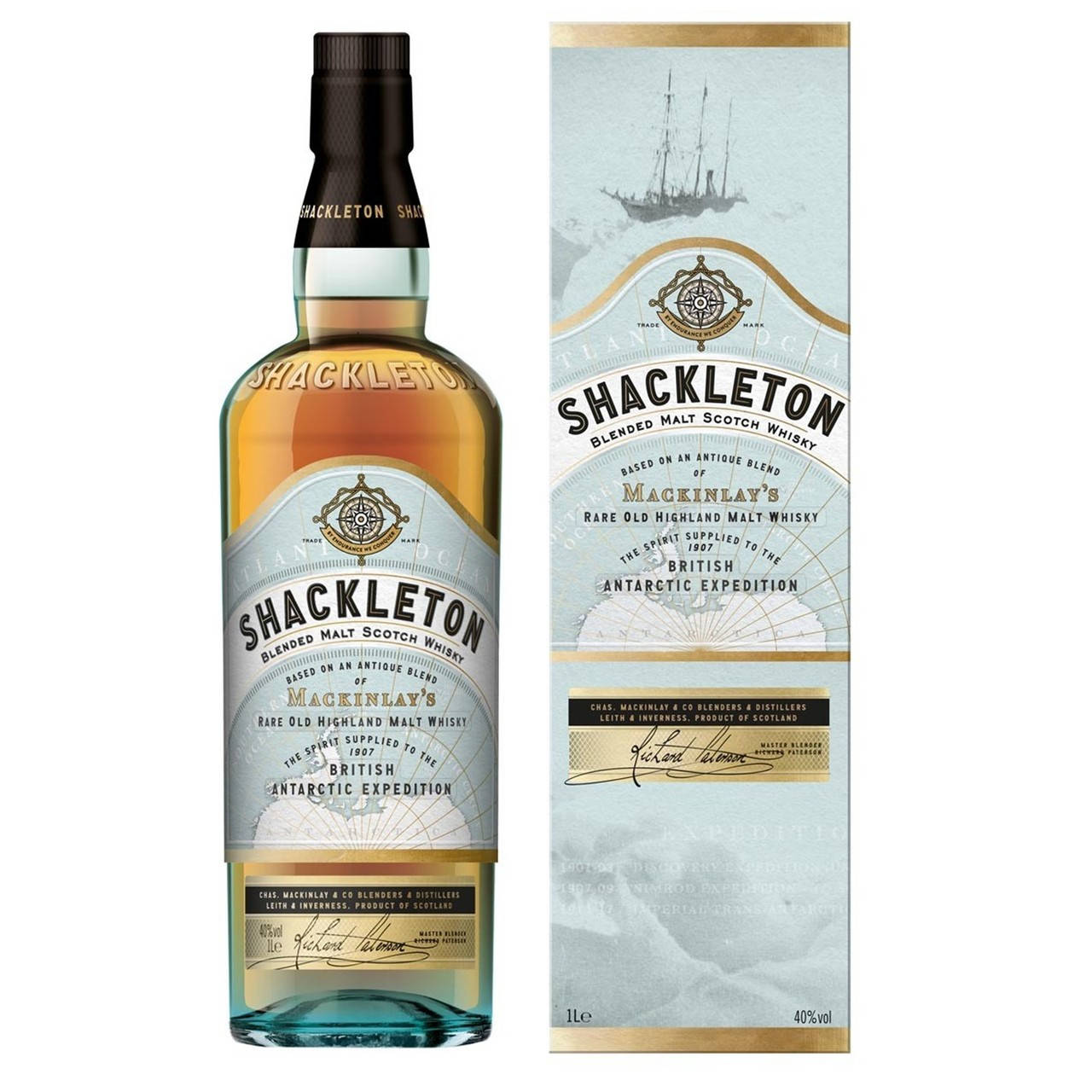 飲料 桌布 壁紙 — 一瓶及一盒Shackleton Blended Malt Scotch Whisky，帶有復古南極探險設計及金色點綴。