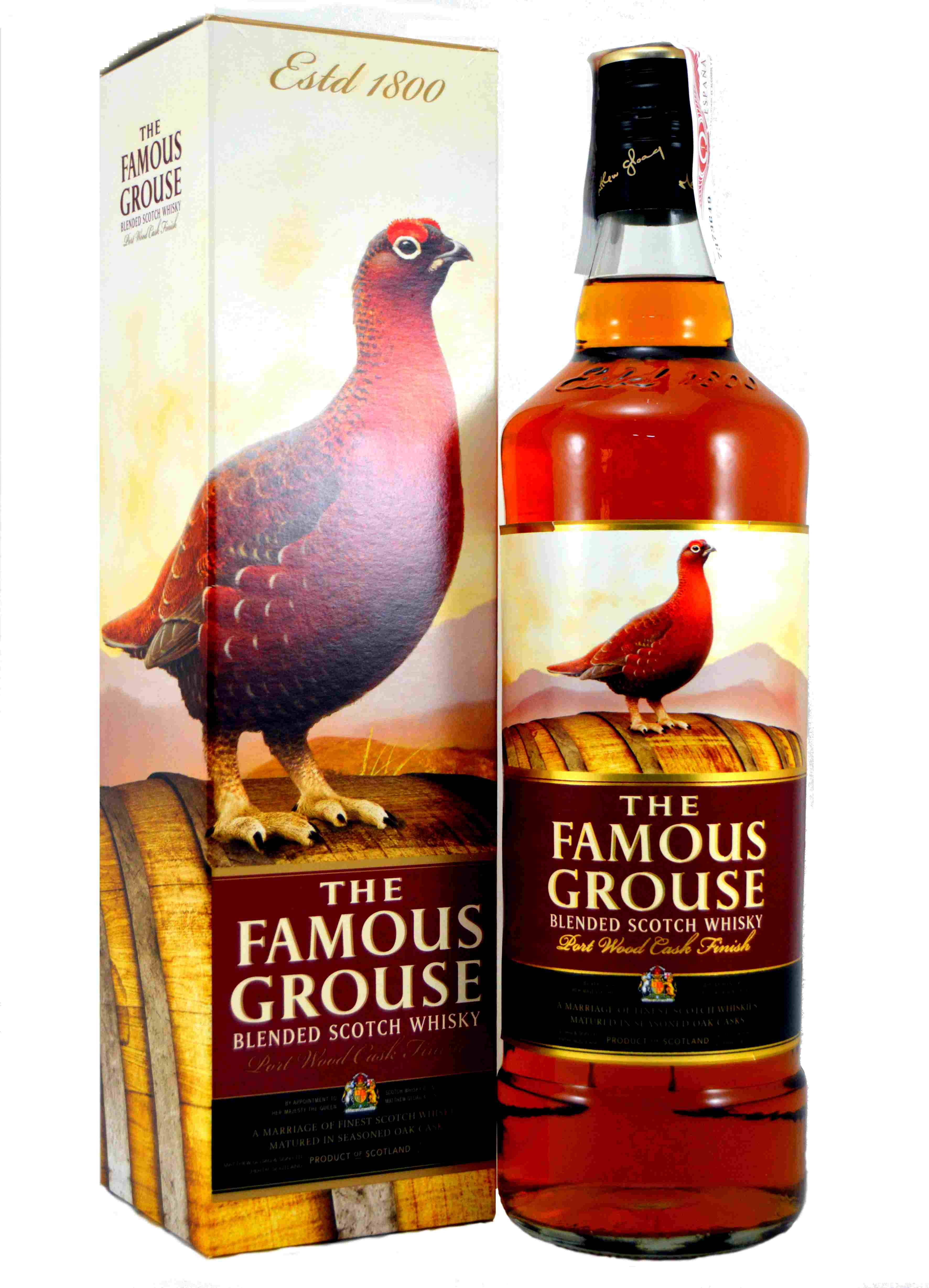 Whiskey 桌布 壁紙 — 一瓶及一盒The Famous Grouse調和蘇格蘭威士忌，特色是木桶上鮮紅的松雞，背景是溫暖的山景。