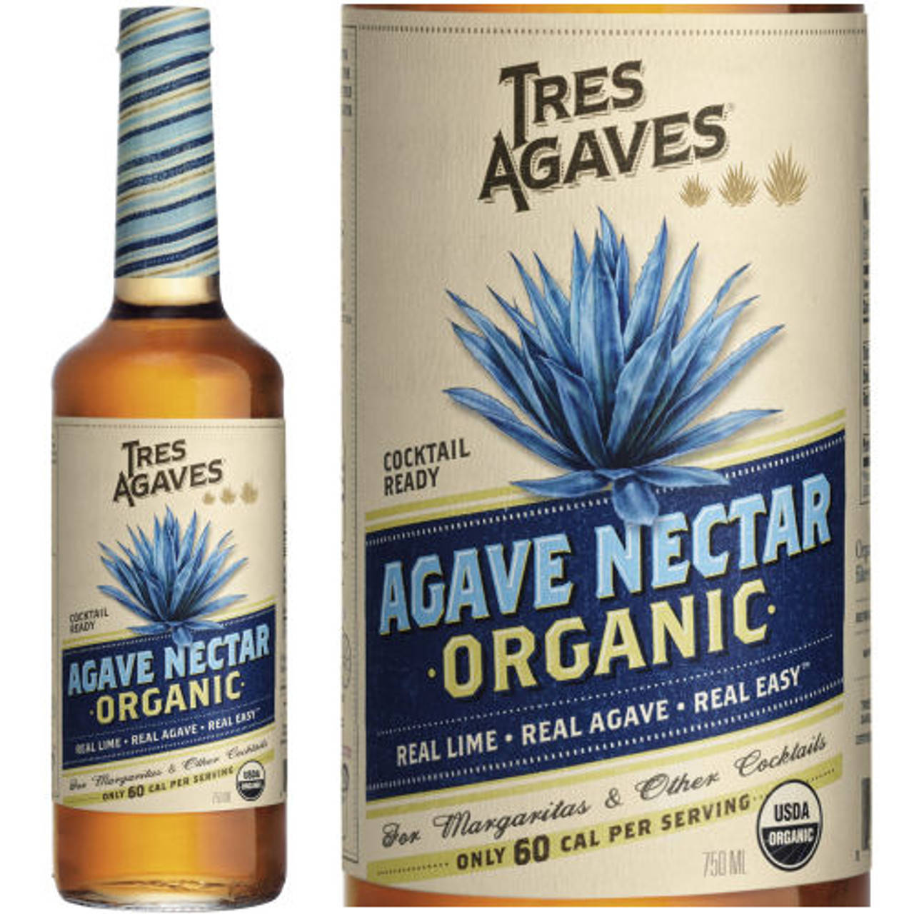 bottle 桌布 壁紙 — 一瓶和一盒 Tres Agaves 有機龍舌蘭蜜，帶有藍色龍舌蘭插圖和雞尾酒準備好的品牌。
