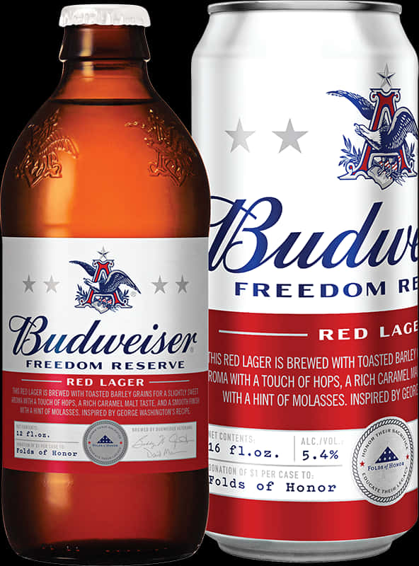 Beer Can 桌布 壁紙 — 一瓶和一罐Budweiser Freedom Reserve Red Lager，帶有愛國老鷹標誌和紅、白、藍品牌設計。