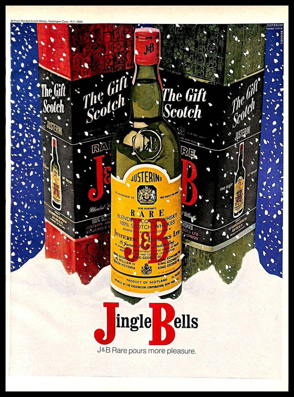 drinks 桌布 壁紙 — 一瓶復古J&B Rare威士忌酒瓶和禮品盒放在飄落的雪花下，下方有「Jingle Bells」文字。