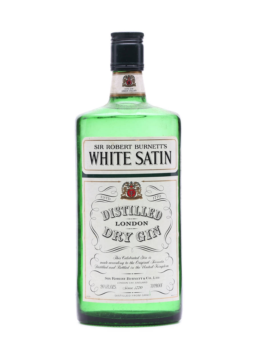 桌布 壁紙 — 一瓶復古綠色玻璃瓶的 Sir Robert Burnett's White Satin London Dry Gin 孤立地立在純白色背景前。