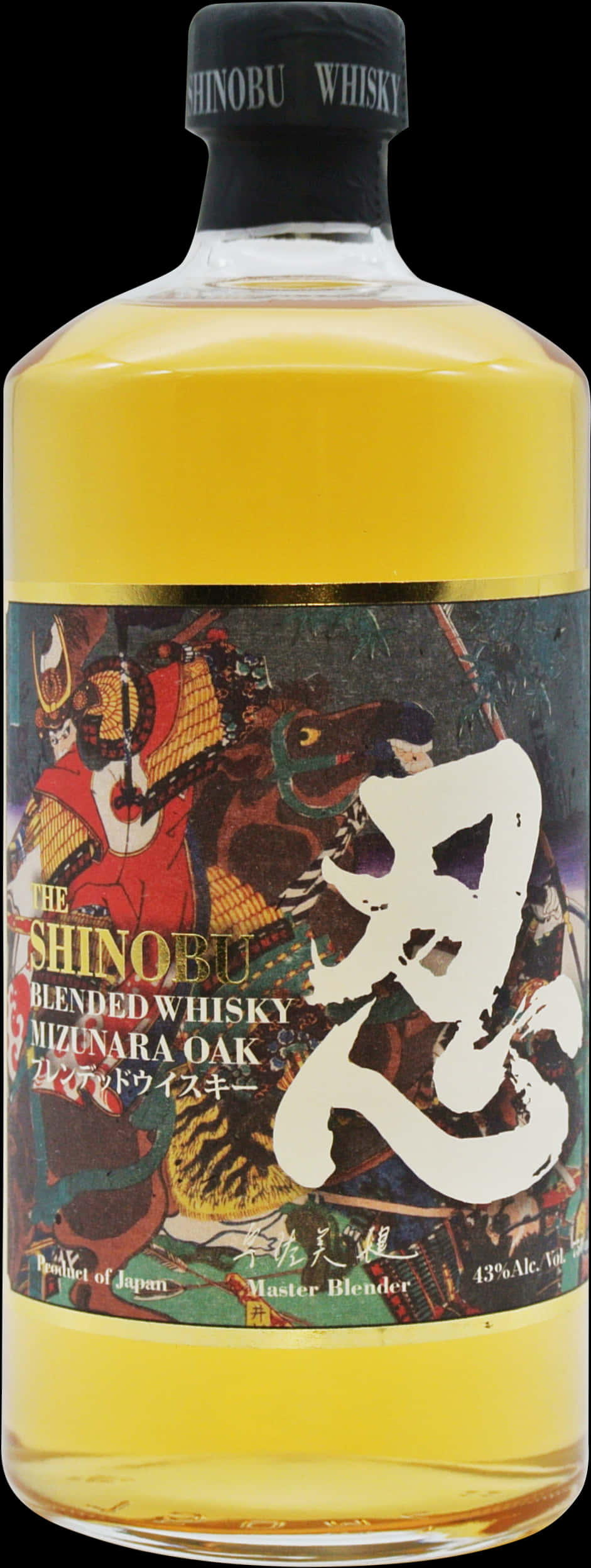 忍 桌布 壁紙 — 一瓶忍調和威士忌，標籤色彩鮮豔，在深色背景上描繪了武士和大型白色漢字。