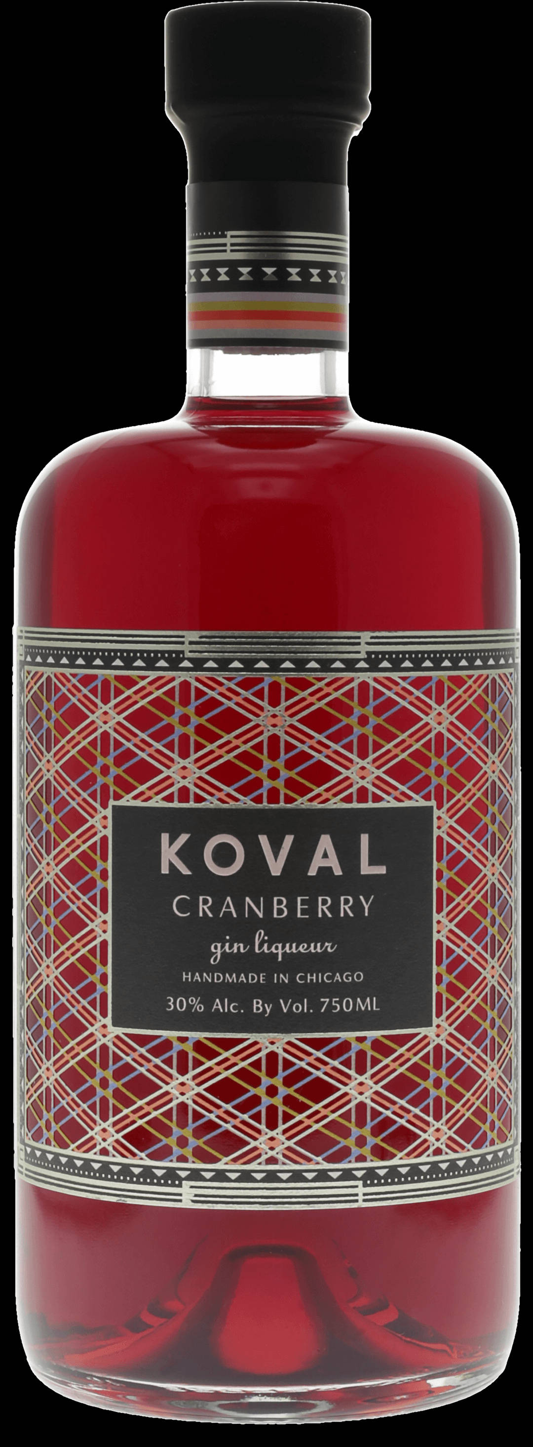 Gin 桌布 壁紙 — 一瓶時尚的Koval蔓越莓琴酒利口酒，深紅色液體，幾何圖案標籤，黑色背景。