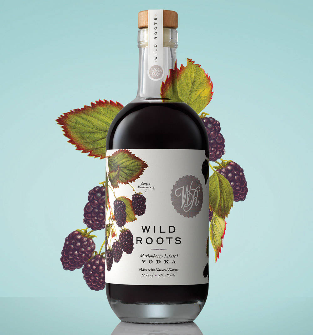 bottle 桌布 壁紙 — 一瓶時尚的Wild Roots馬里恩莓伏特加，周圍環繞著插圖風格的黑莓和葉子，背景是柔和的青綠色。