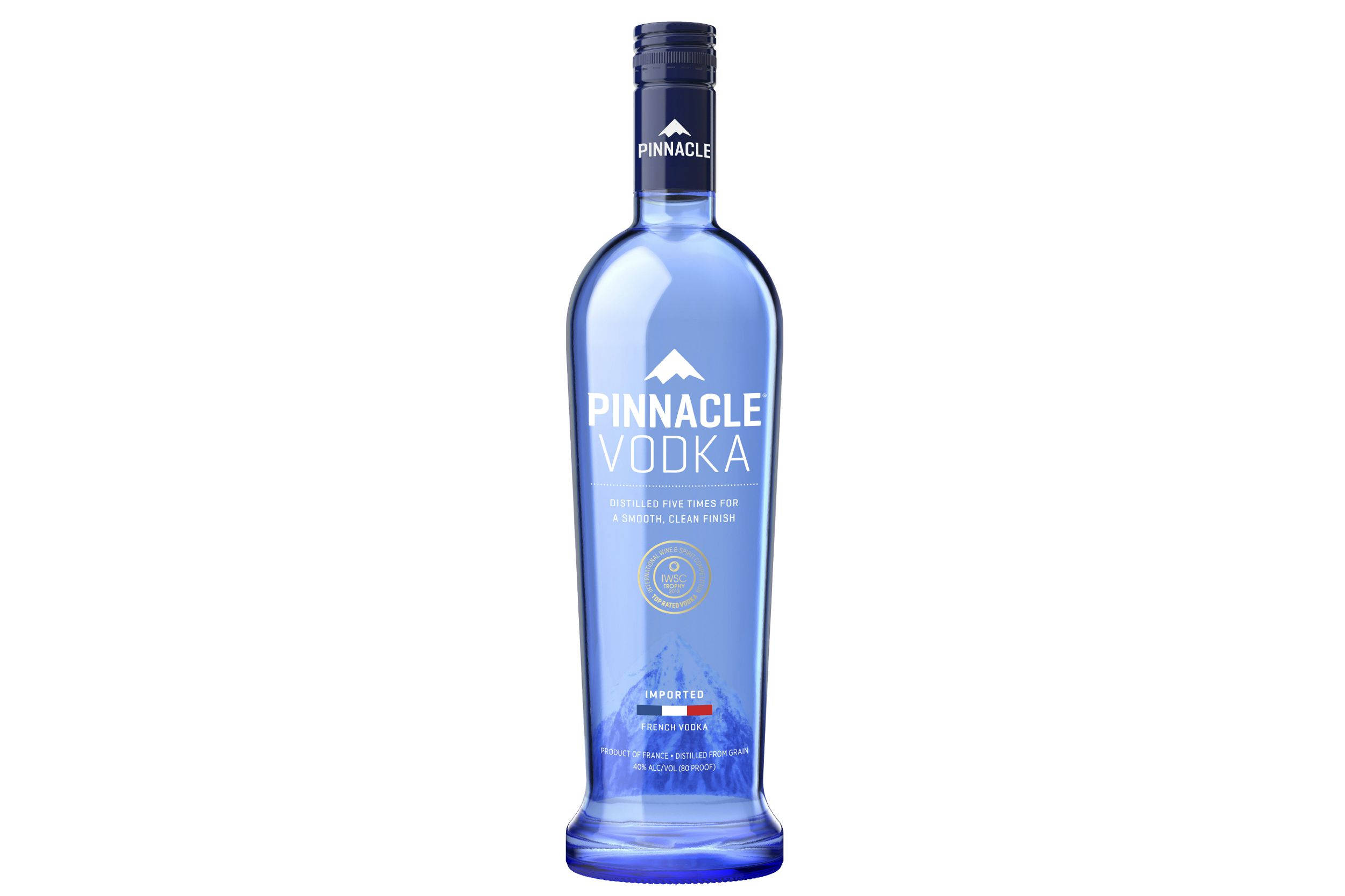 bottle 桌布 壁紙 — 一瓶時尚的藍色玻璃瓶裝Pinnacle伏特加，置於純白背景中央，品牌標識清晰。