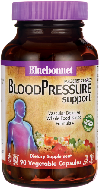 Medicine Bottle 桌布 壁紙 — 一瓶棕色Bluebonnet血壓支援膳食補充劑，帶有紫色蓋子和標籤，顯示人體輪廓和蔬菜。