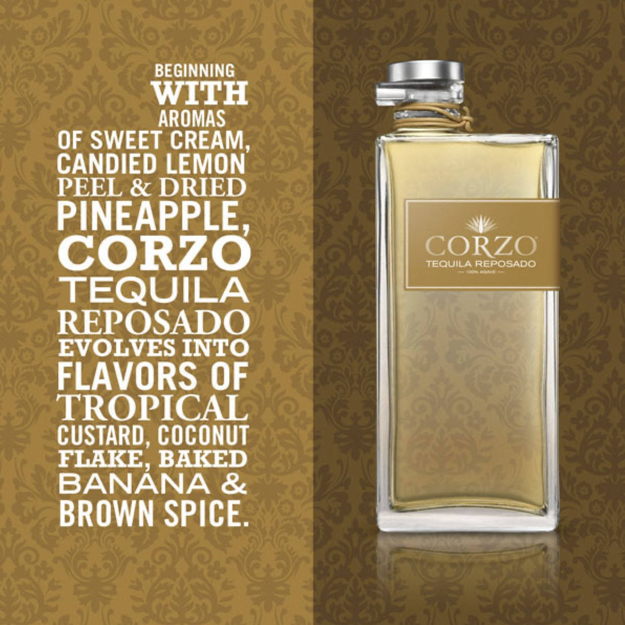 poster 桌布 壁紙 — 一瓶流線型的 Corzo Tequila Reposado 玻璃瓶矗立在華麗的金色錦緞背景前，附有描述其甜美熱帶香氣特徵的說明文字。