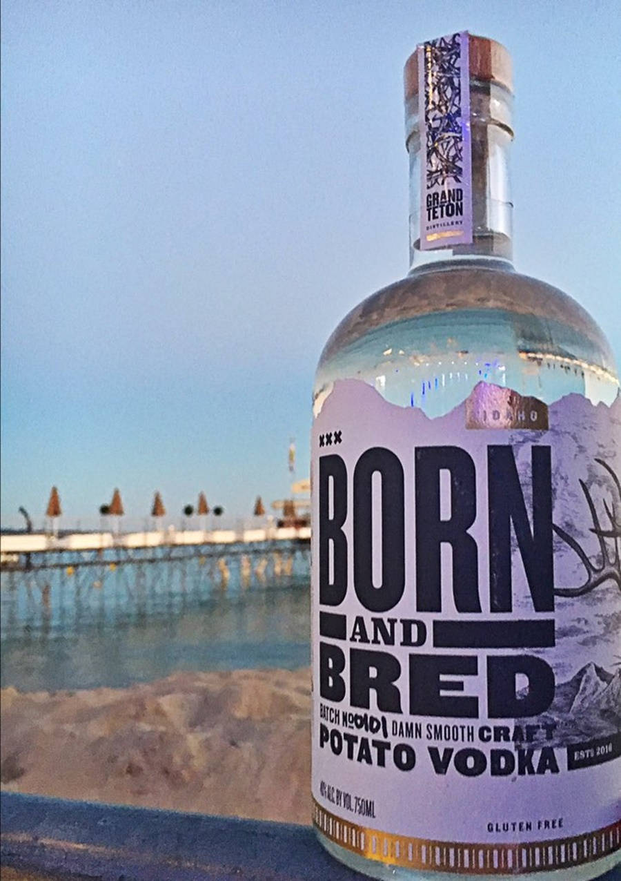 bottle 桌布 壁紙 — 一瓶清澈的 Born and Bred 馬鈴薯伏特加放在欄杆上，俯瞰著平靜的海灘，沙灘上有遮陽傘和海水，天空柔和湛藍。