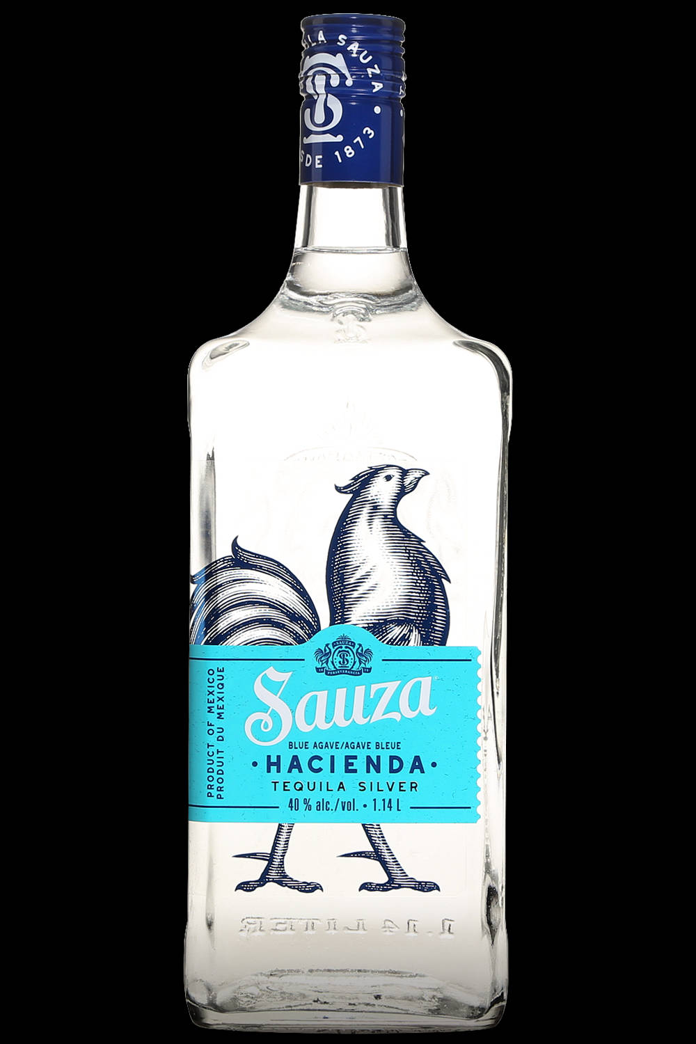 白色 桌布 壁紙 — 一瓶清澈的 Sauza Hacienda Blue Agave Silver Tequila 孤立地立在純黑背景前，標籤上印有詳細的公雞插圖和鮮豔的藍綠色點綴。
