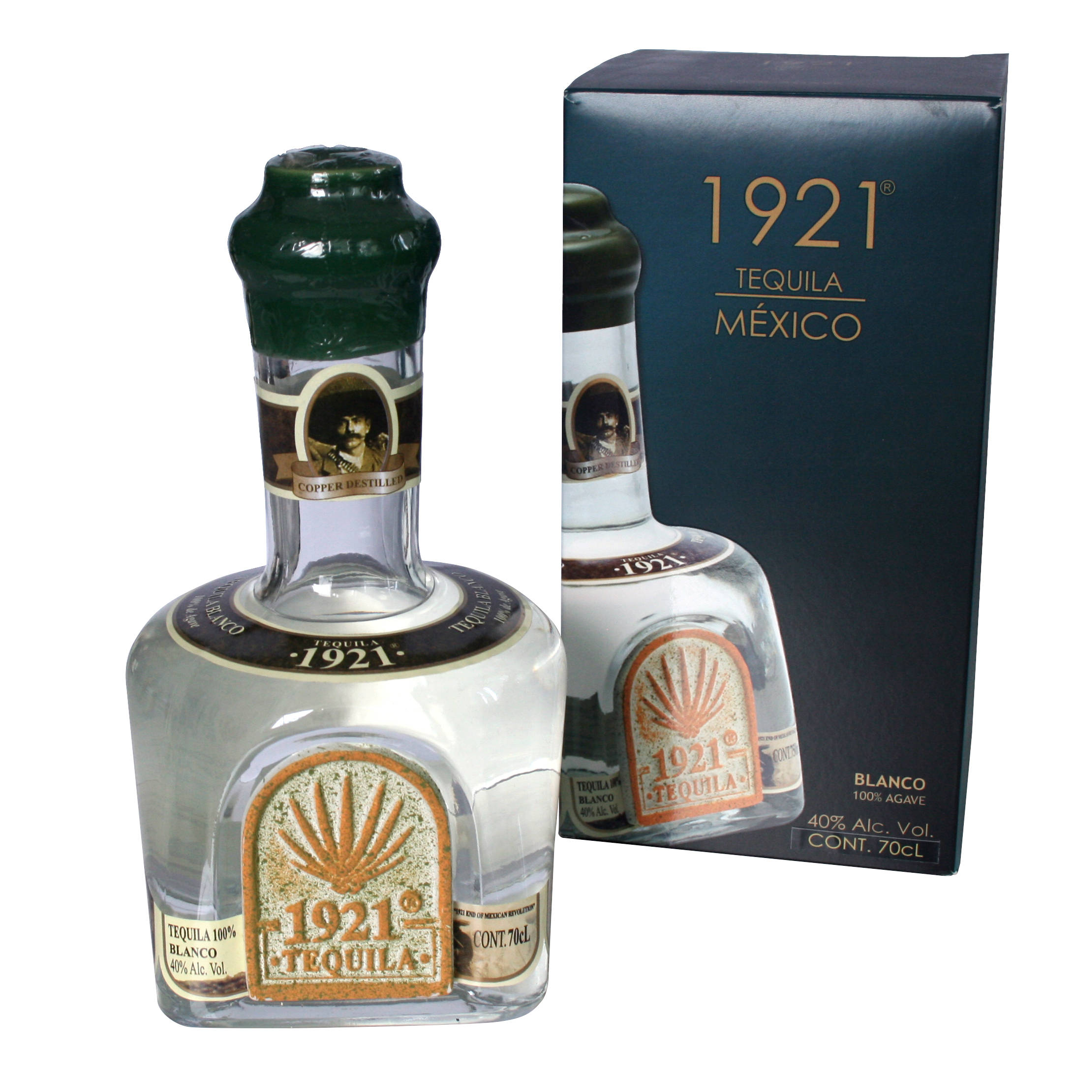 drinks 桌布 壁紙 — 一瓶清澈的1921 Blanco龍舌蘭酒，帶有綠色瓶蓋和華麗標籤，旁邊是其深藍色品牌盒子。