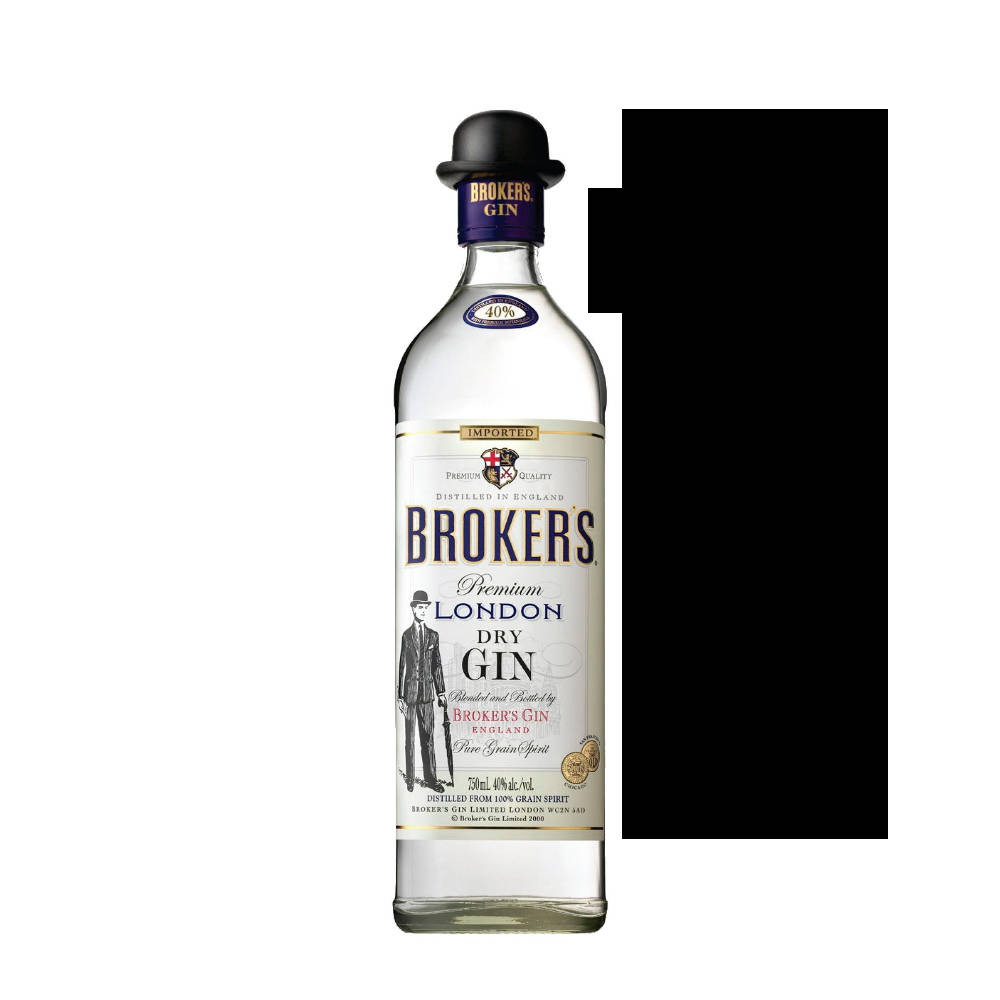 飲料 桌布 壁紙 — 一瓶清澈的Broker's Premium London Dry Gin，帶有復古紳士插圖和黑色圓頂禮帽蓋，置於純白背景上。