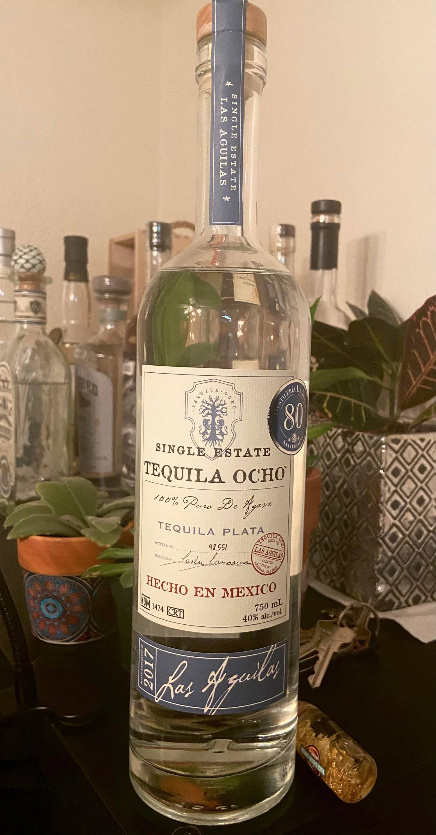 bottle 桌布 壁紙 — 一瓶清澈的Las Aguilas Single Estate Tequila Plata放在深色桌子中央，周圍有其他酒瓶和盆栽植物。