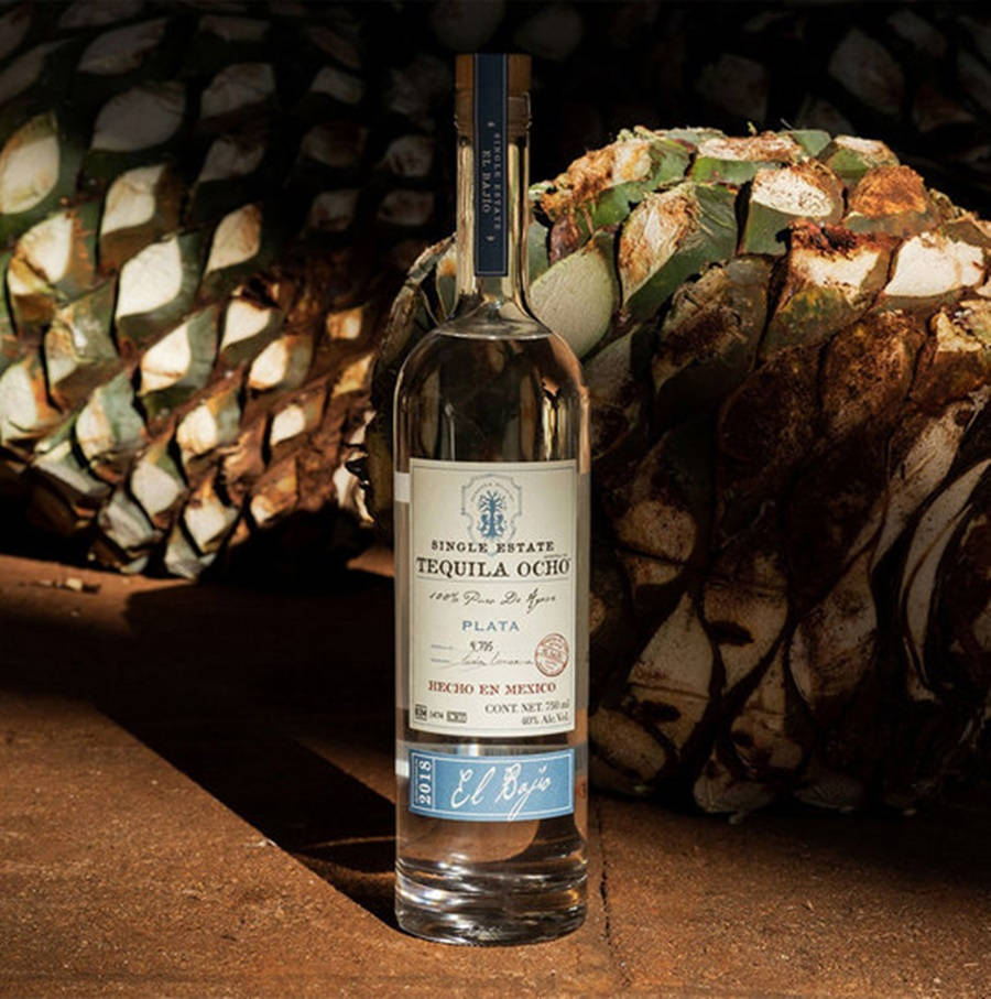 bottle 桌布 壁紙 — 一瓶清澈的Tequila Ocho Plata矗立在兩棵大型龍舌蘭植物之間，沐浴在溫暖的陽光下。
