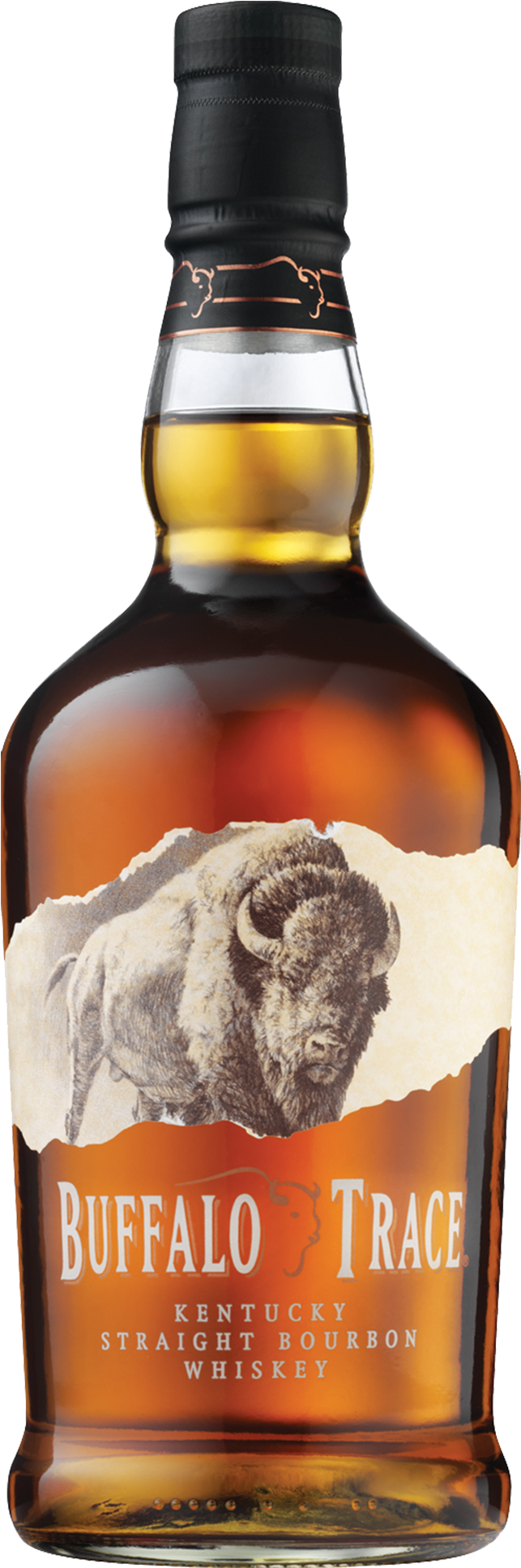水牛 桌布 壁紙 — 一瓶清澈的玻璃瓶 Buffalo Trace 肯塔基純波本威士忌，標籤上有野牛插圖。