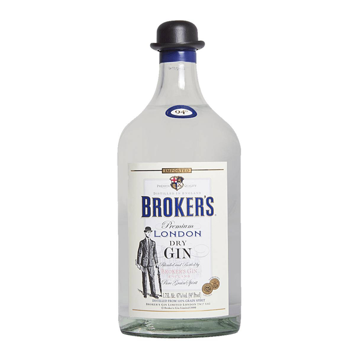 Drink 桌布 壁紙 — 一瓶清澈的玻璃瓶裝 Broker's Premium London Dry Gin，配有黑色高頂禮帽瓶塞和復古標籤插圖。