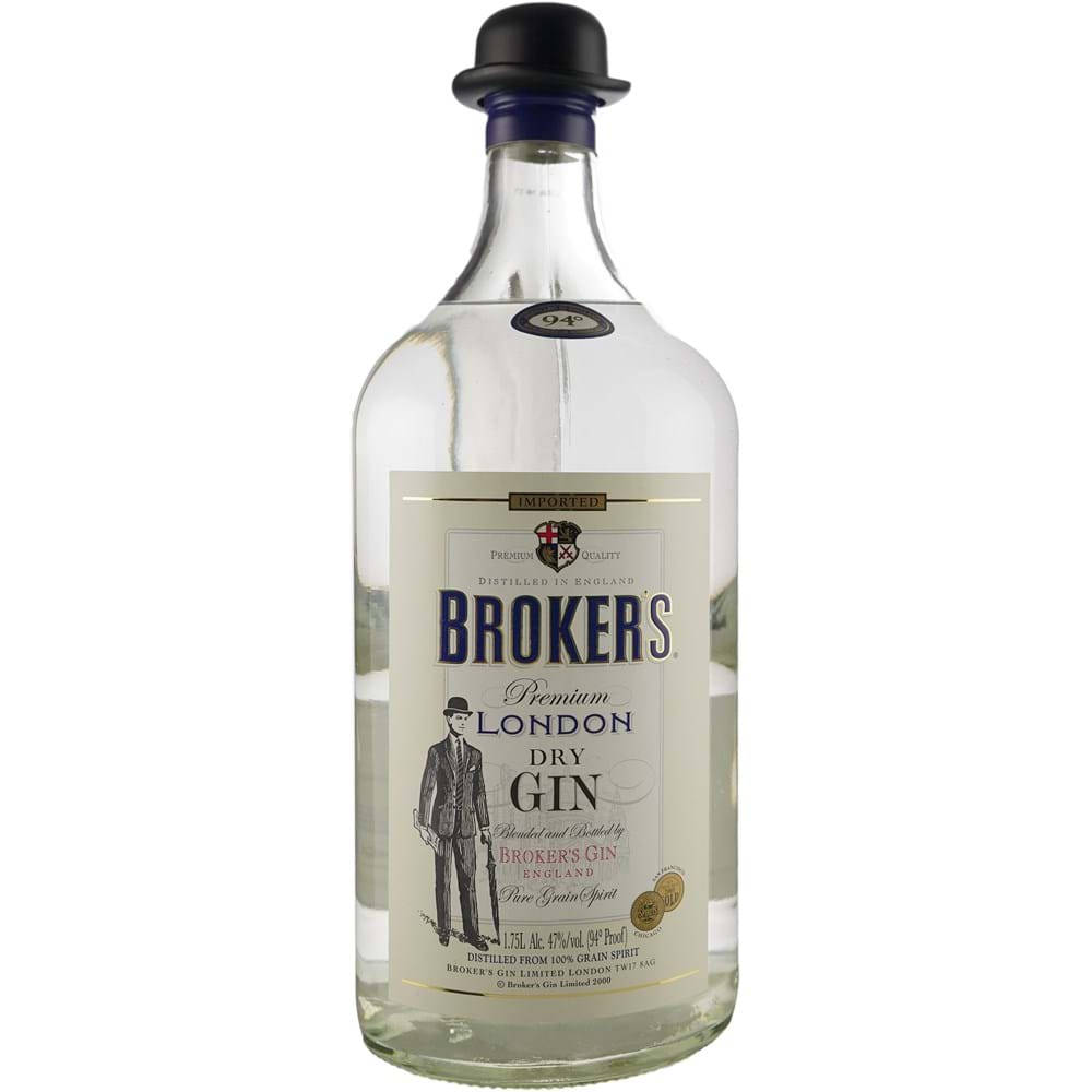 Drink 桌布 壁紙 — 一瓶清澈的玻璃瓶裝 Broker's Premium London Dry Gin，標籤上有復古紳士插圖。