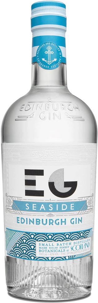 Gin 桌布 壁紙 — 一瓶清澈的玻璃瓶裝 Edinburgh Gin Seaside，帶有藍白標籤，上面有波浪圖案和錨標誌。