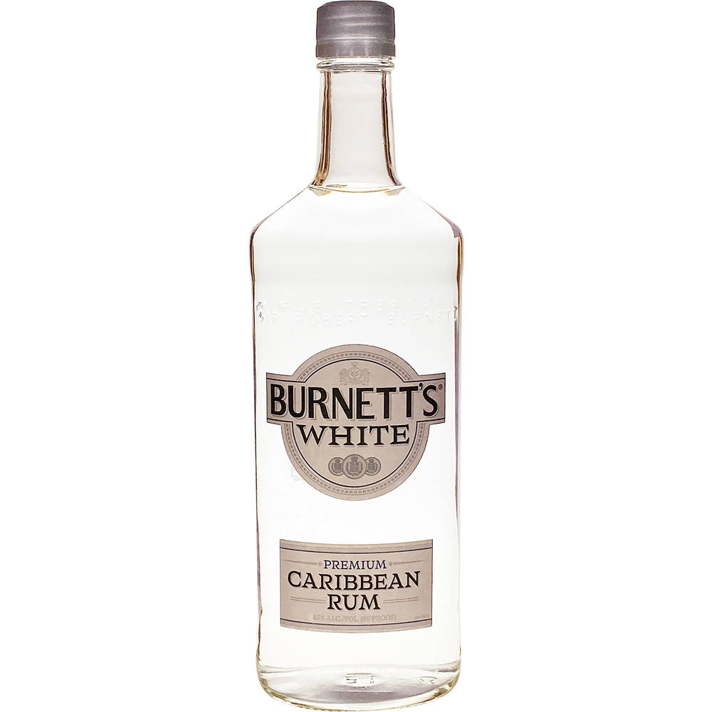 drinks 桌布 壁紙 — 一瓶清澈的玻璃瓶裝Burnett's White Premium Caribbean Rum，居中放置在純白背景前。