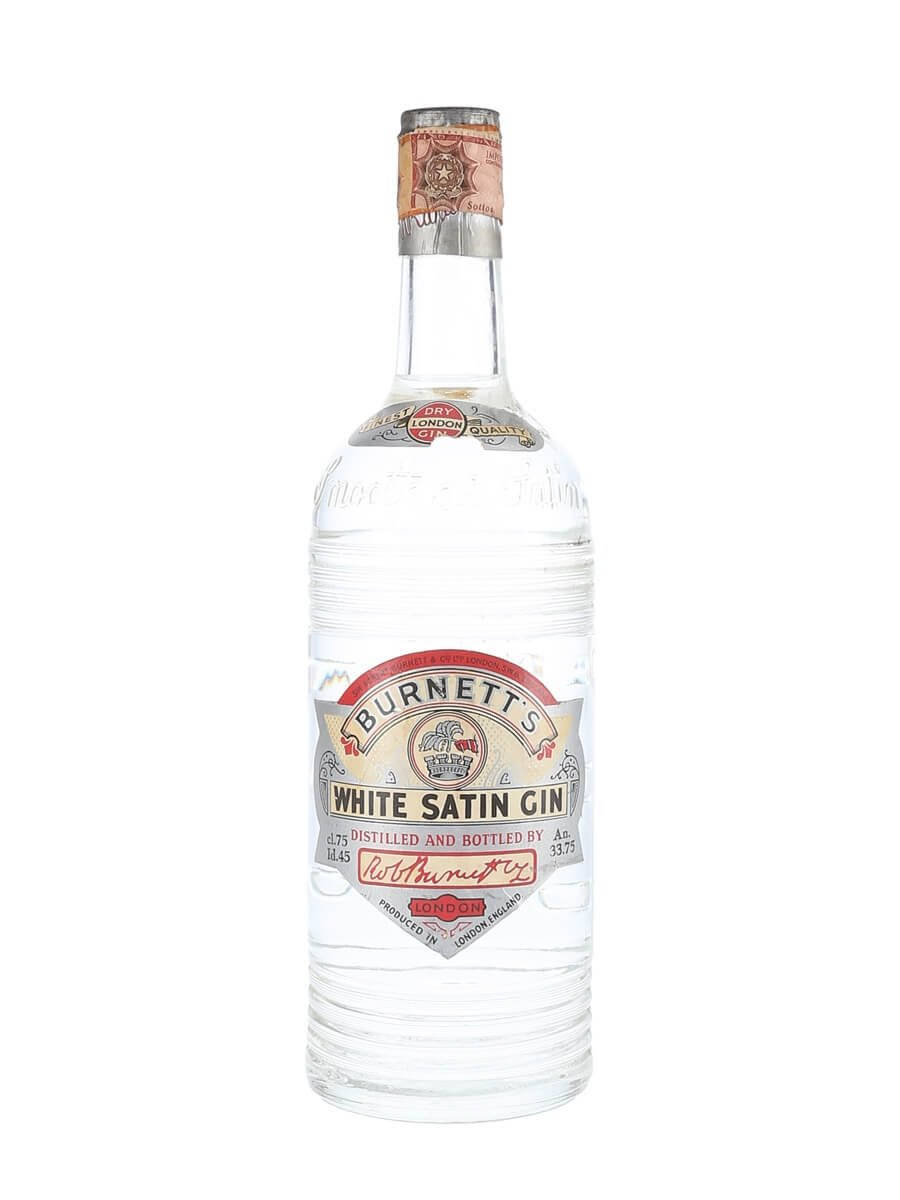 drinks 桌布 壁紙 — 一瓶清澈的玻璃瓶裝Burnett's White Satin Gin，孤立在純白背景上，展示其復古標籤和銀色瓶蓋。