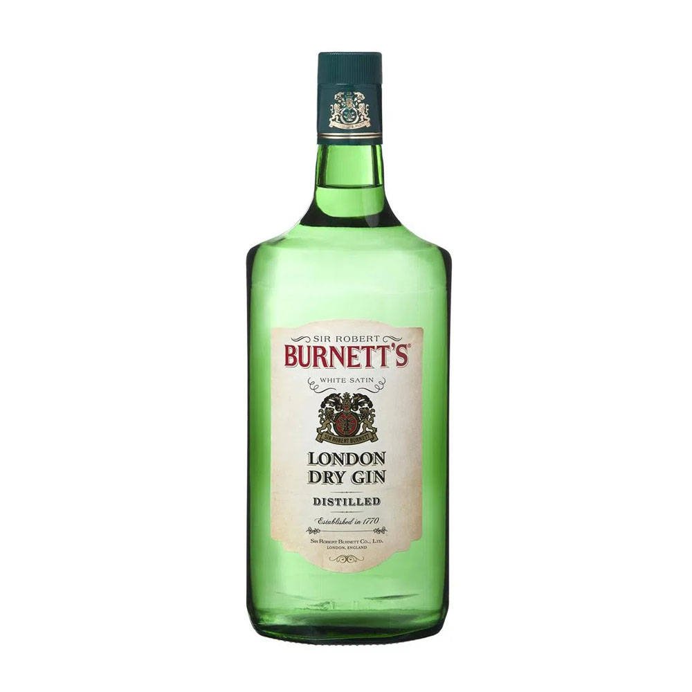 drinks 桌布 壁紙 — 一瓶清澈的綠色 Sir Robert Burnett's London Dry Gin 酒瓶，置於純白背景中央，帶有復古標籤細節。