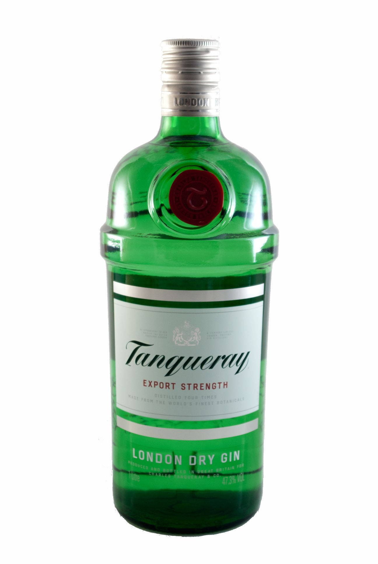 飲料 桌布 壁紙 — 一瓶清澈綠色的Tanqueray Export Strength London Dry Gin，孤立地立在純白背景前。