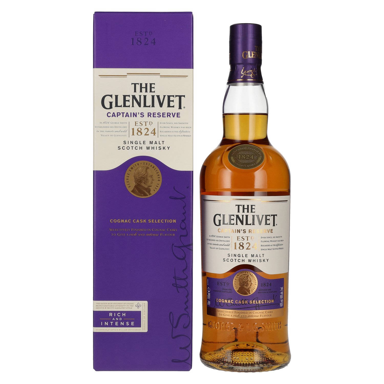 飲料 桌布 壁紙 — 一瓶紫色包裝的The Glenlivet Captain's Reserve單一麥芽蘇格蘭威士忌，旁邊放著它的盒子，背景為白色。