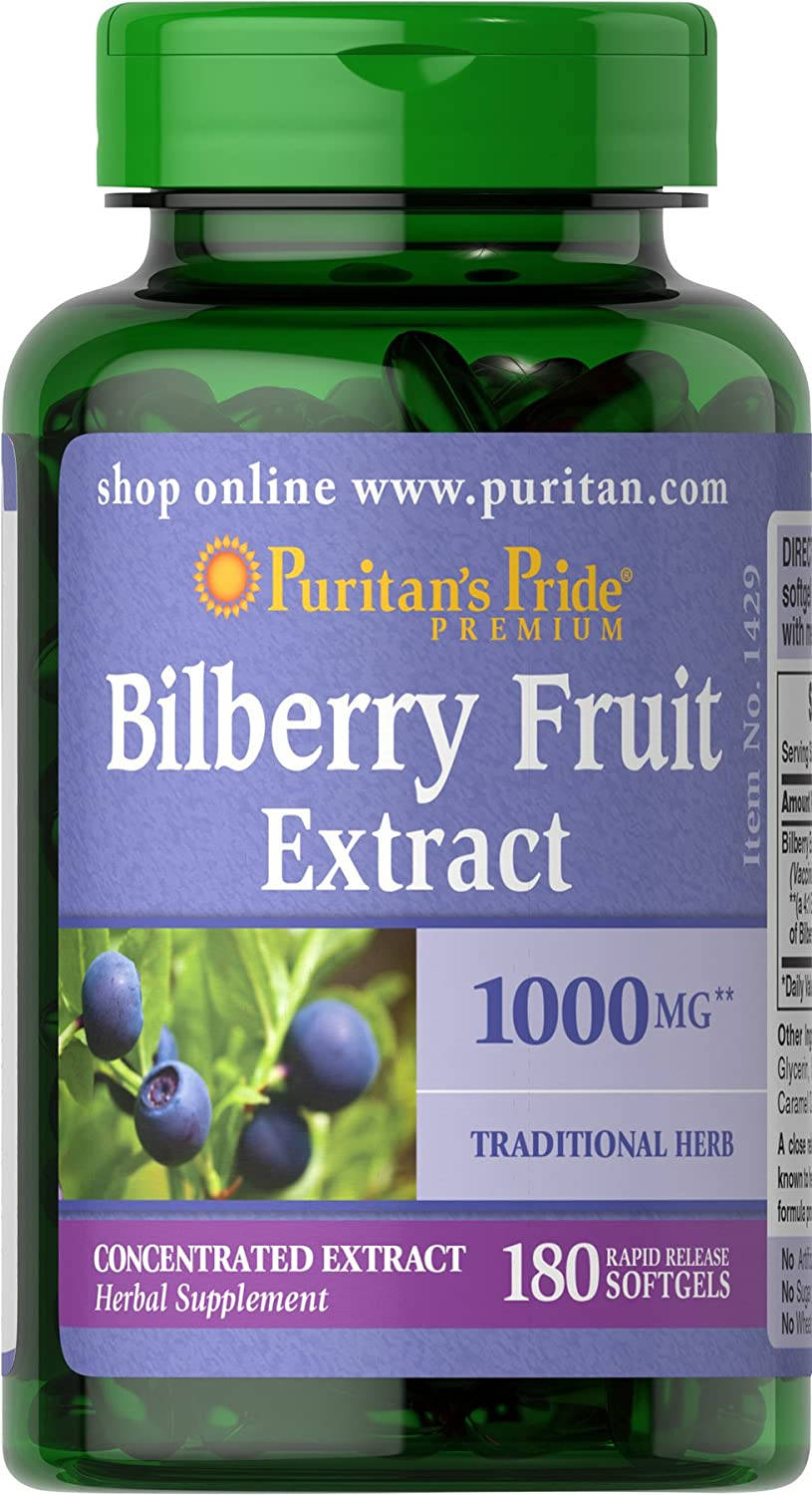 Berry 桌布 壁紙 — 一瓶綠色的Puritan's Pride山桑子果萃取物，含有180粒軟膠囊，標籤上顯示藍色漿果。