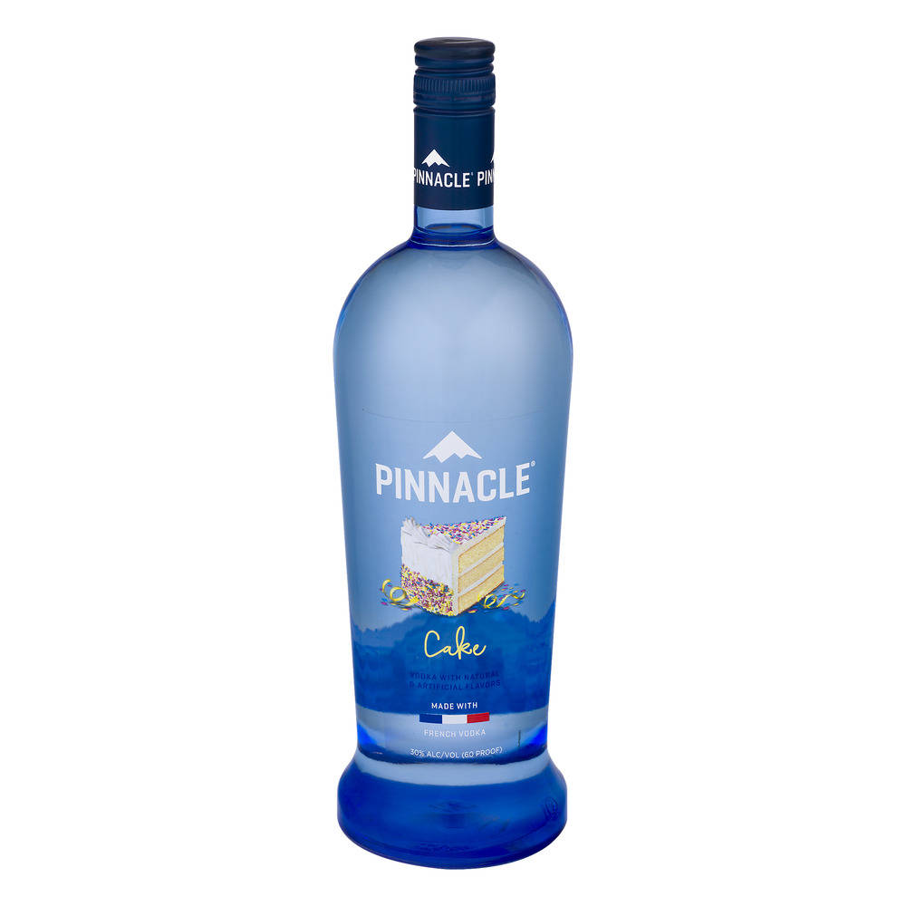 bottle 桌布 壁紙 — 一瓶藍色玻璃瓶裝的 Pinnacle Cake 伏特加，標籤上有蛋糕插圖。