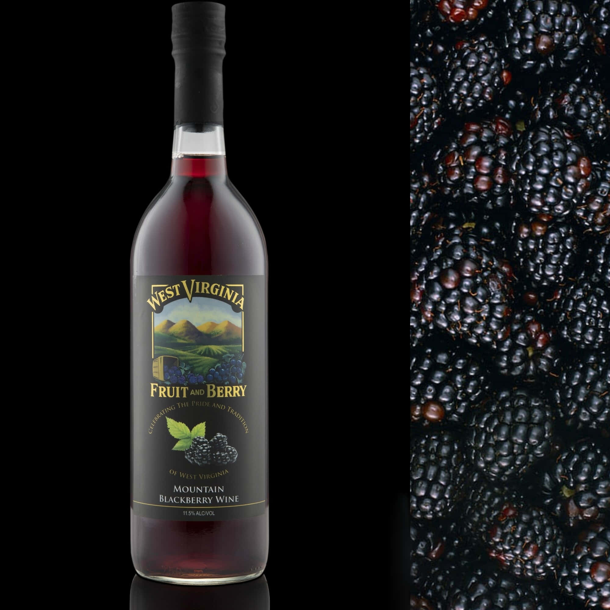 Blackberry Wine 桌布 壁紙 — 一瓶西維吉尼亞山黑莓酒放在一顆顆光澤黑莓的特寫旁邊，背景是純黑色。