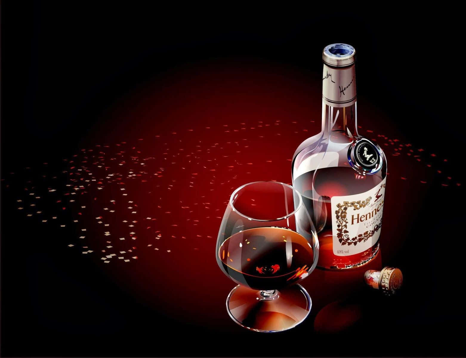 Red Wine Glass 桌布 壁紙 — 一瓶軒尼詩干邑白蘭地及酒杯在戲劇性的紅光下閃爍，背景為黑色，散落著亮粉。