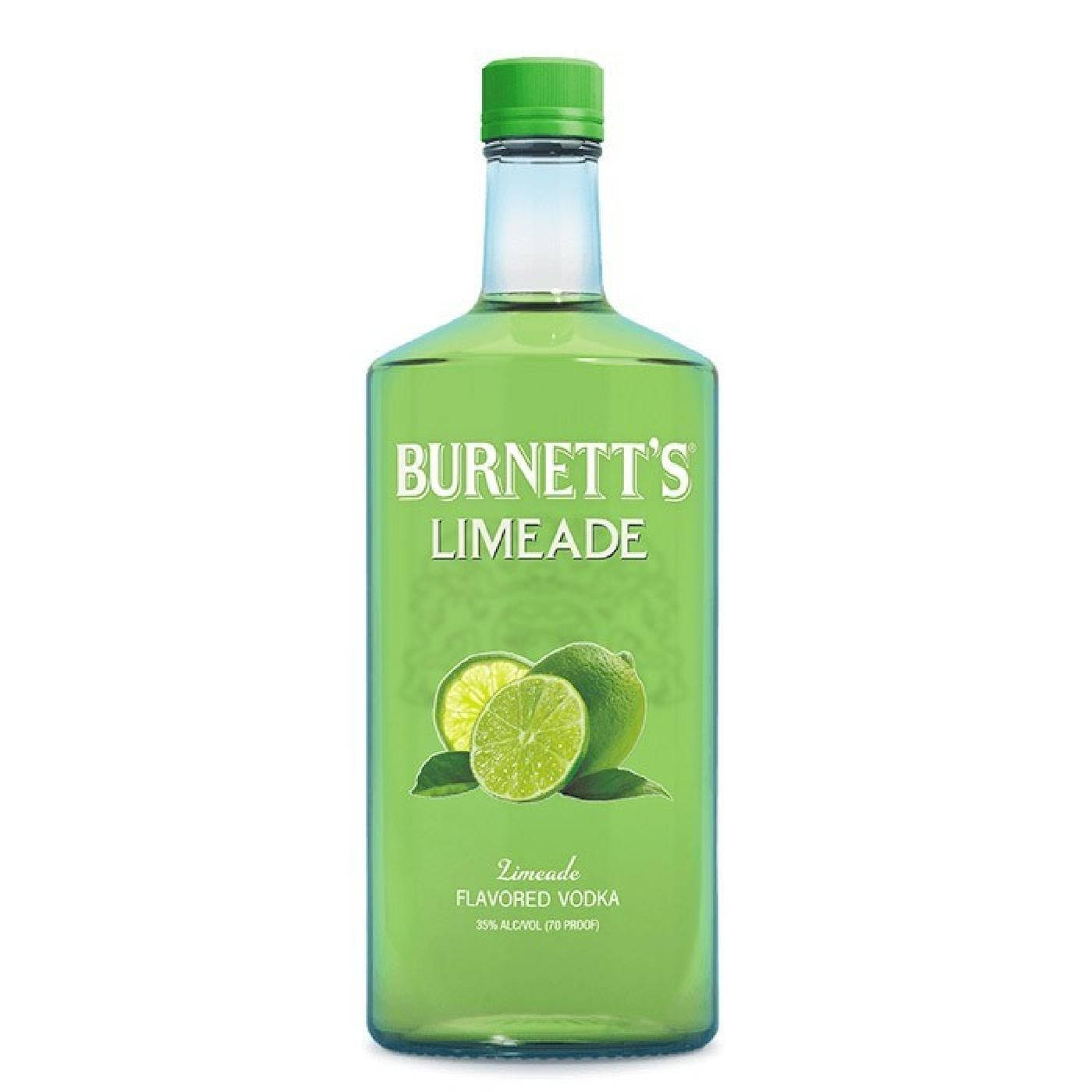 drinks 桌布 壁紙 — 一瓶透明玻璃瓶裝的 Burnett's 萊姆風味伏特加，帶有綠色瓶蓋和標籤，標籤上有萊姆片圖案，背景為白色。