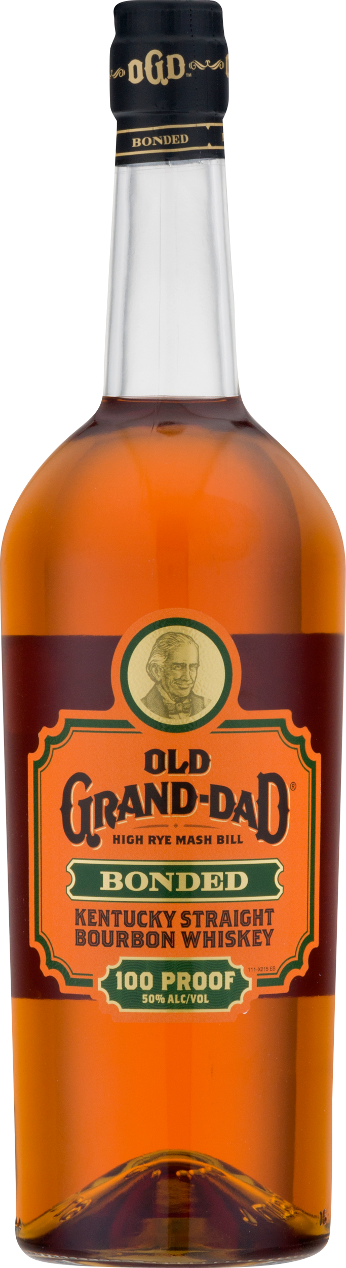 剪貼畫 桌布 壁紙 — 一瓶透明玻璃瓶裝的Old Grand-Dad 100 proof波本威士忌，帶有琥珀色液體和復古標籤設計。